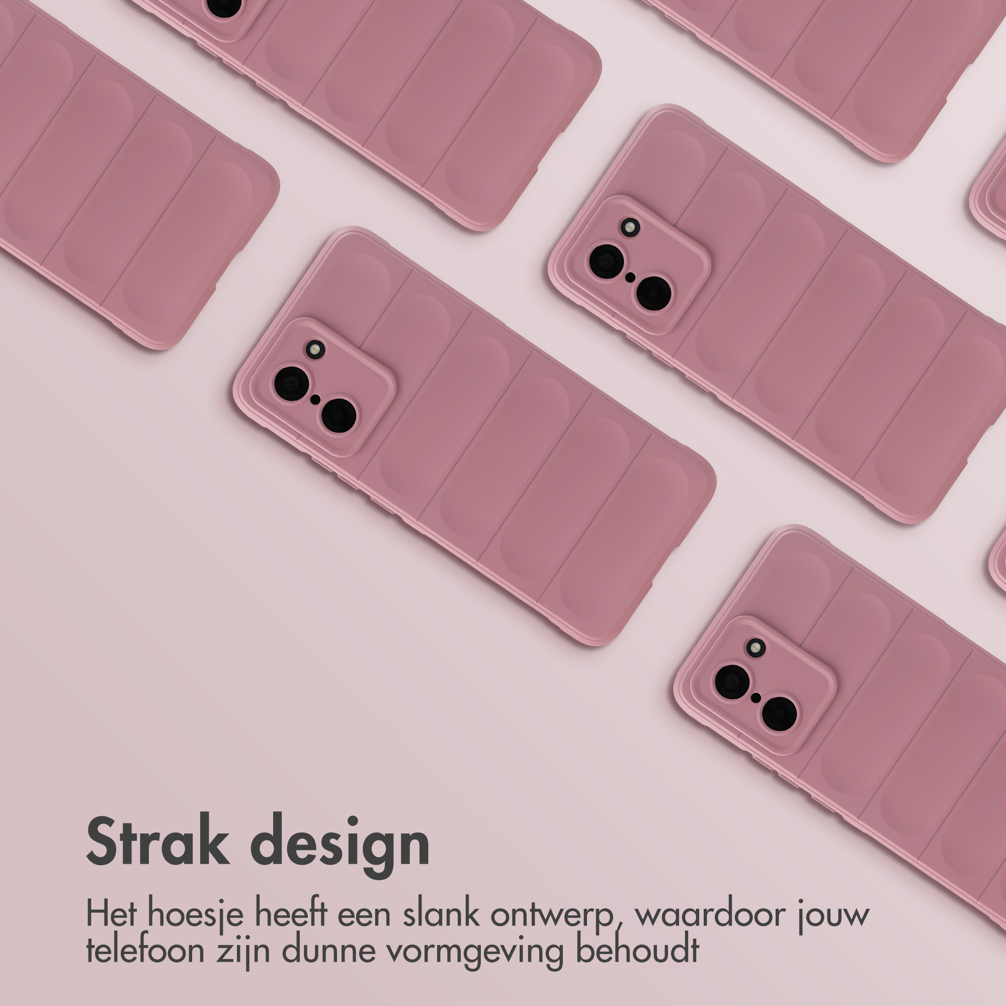 Meerdere roze telefoonhoesjes met ribbelpatroon op roze achtergrond.