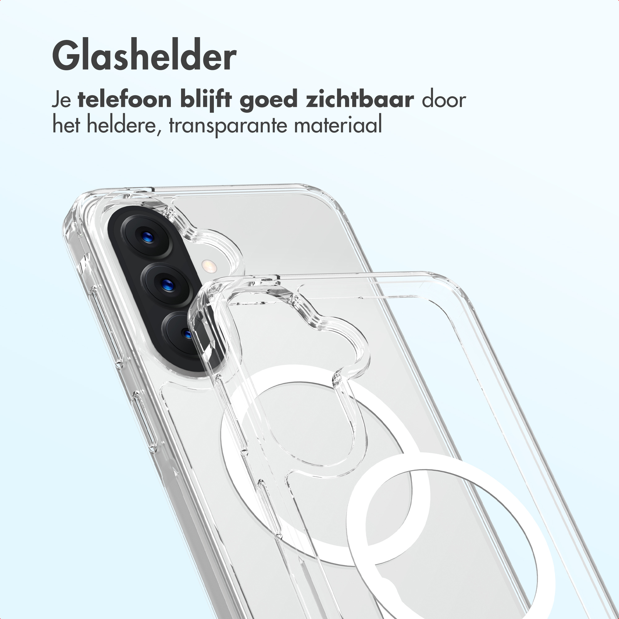 Coque de téléphone transparente montrant la caméra et un anneau magnétique.