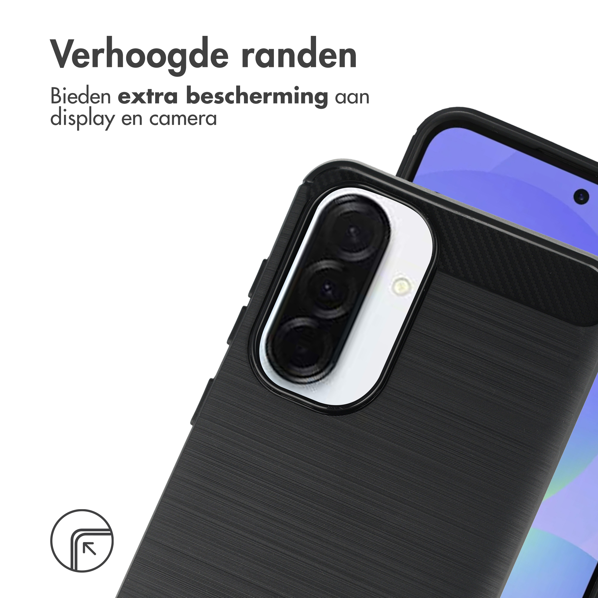 Zwarte telefoonhoes met camera-uitsparing en icoon verhoogde rand.