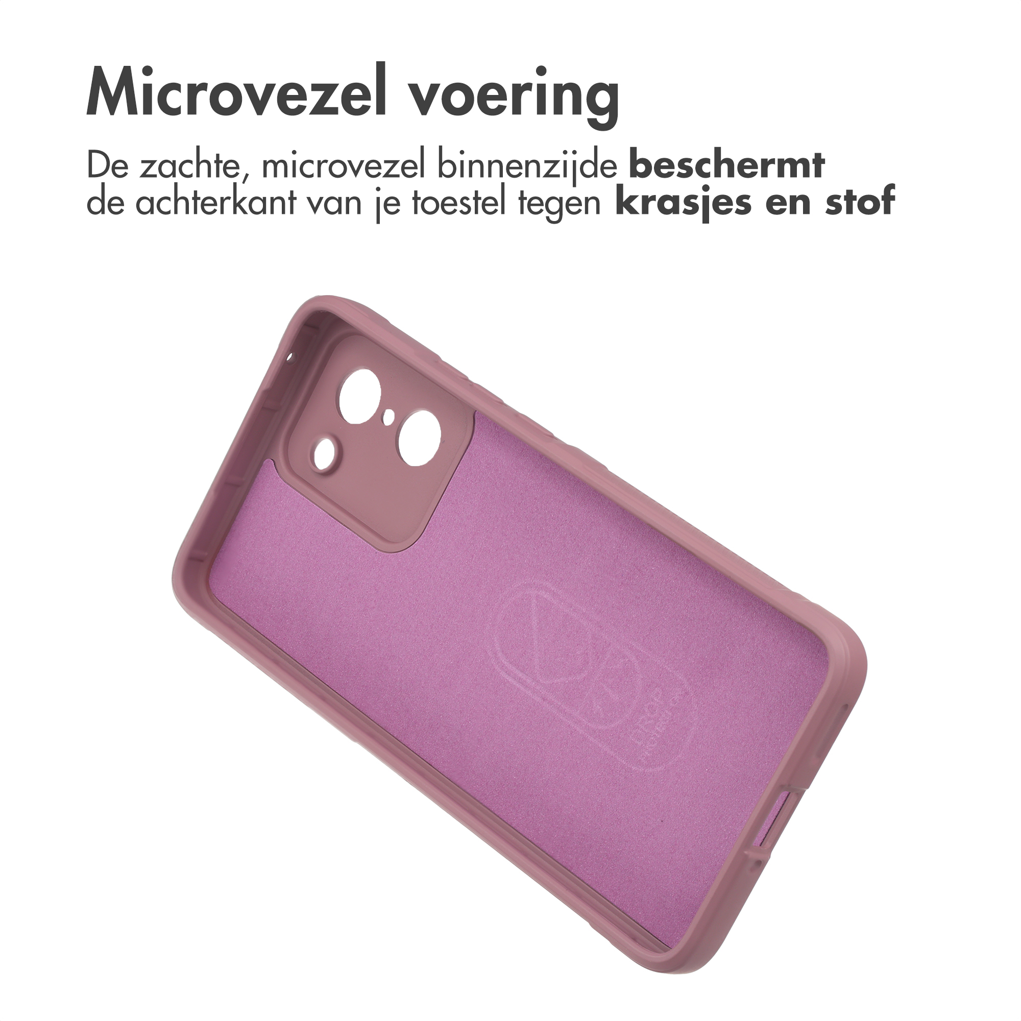 Een roze telefoonhoesje met microvezel voering en camera-uitsparingen.