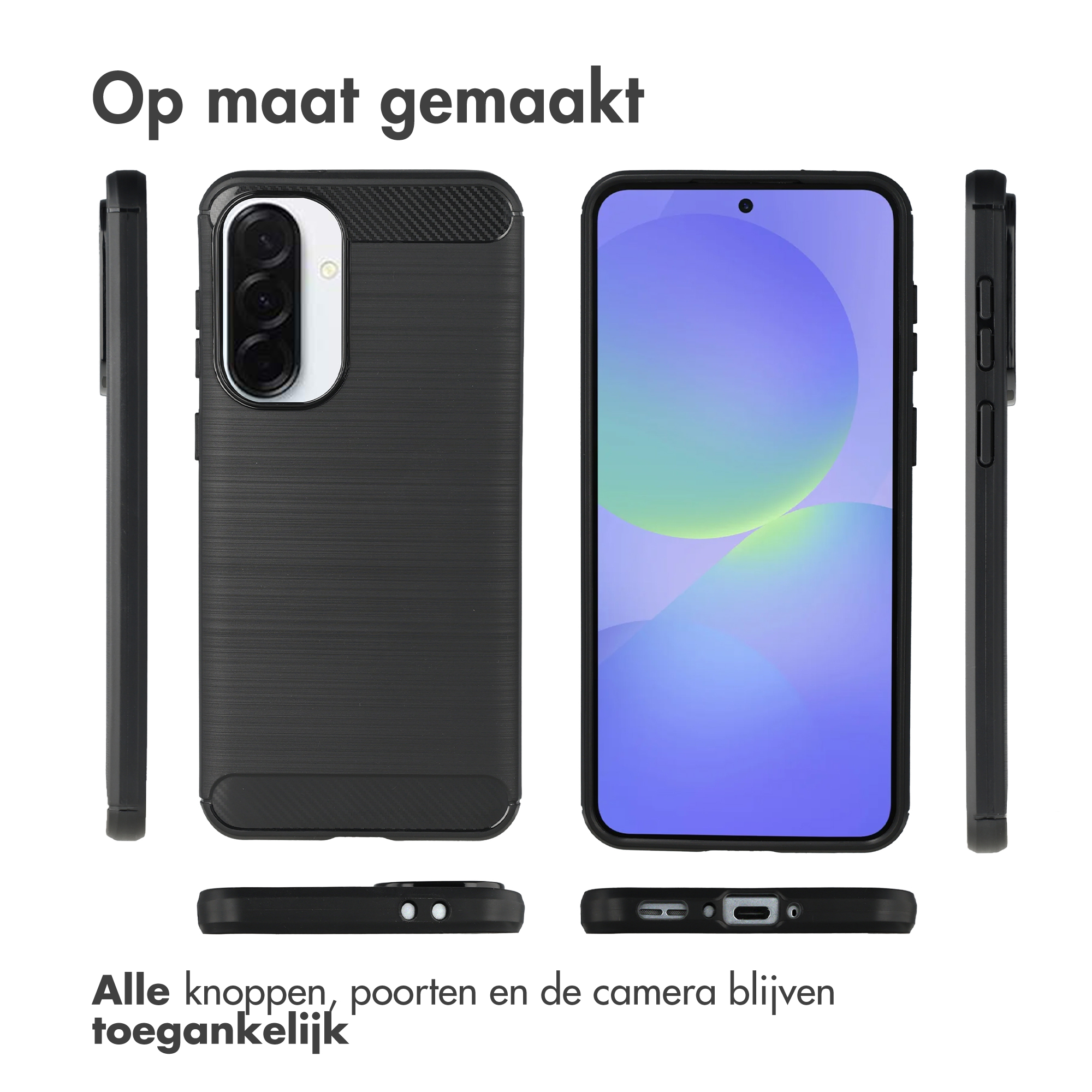 Zwarte telefoonhoes met camera-uitsparing en smartphone-scherm.