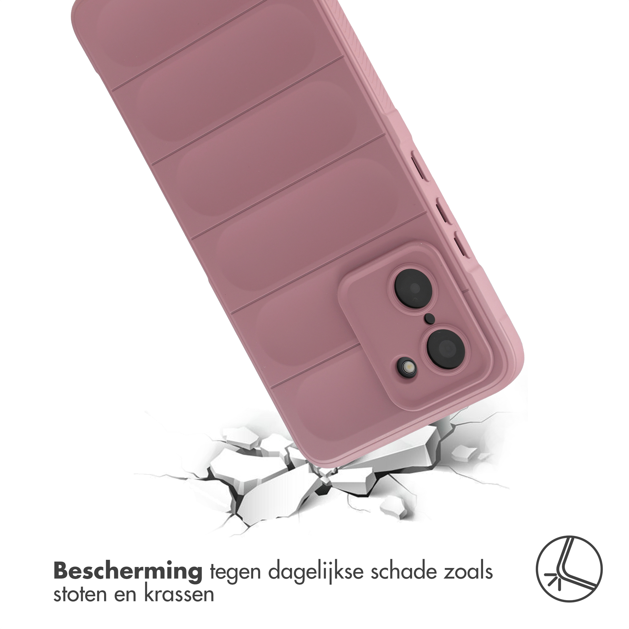 Een roze telefoonhoesje met horizontale lijnen valt op witte scherven.