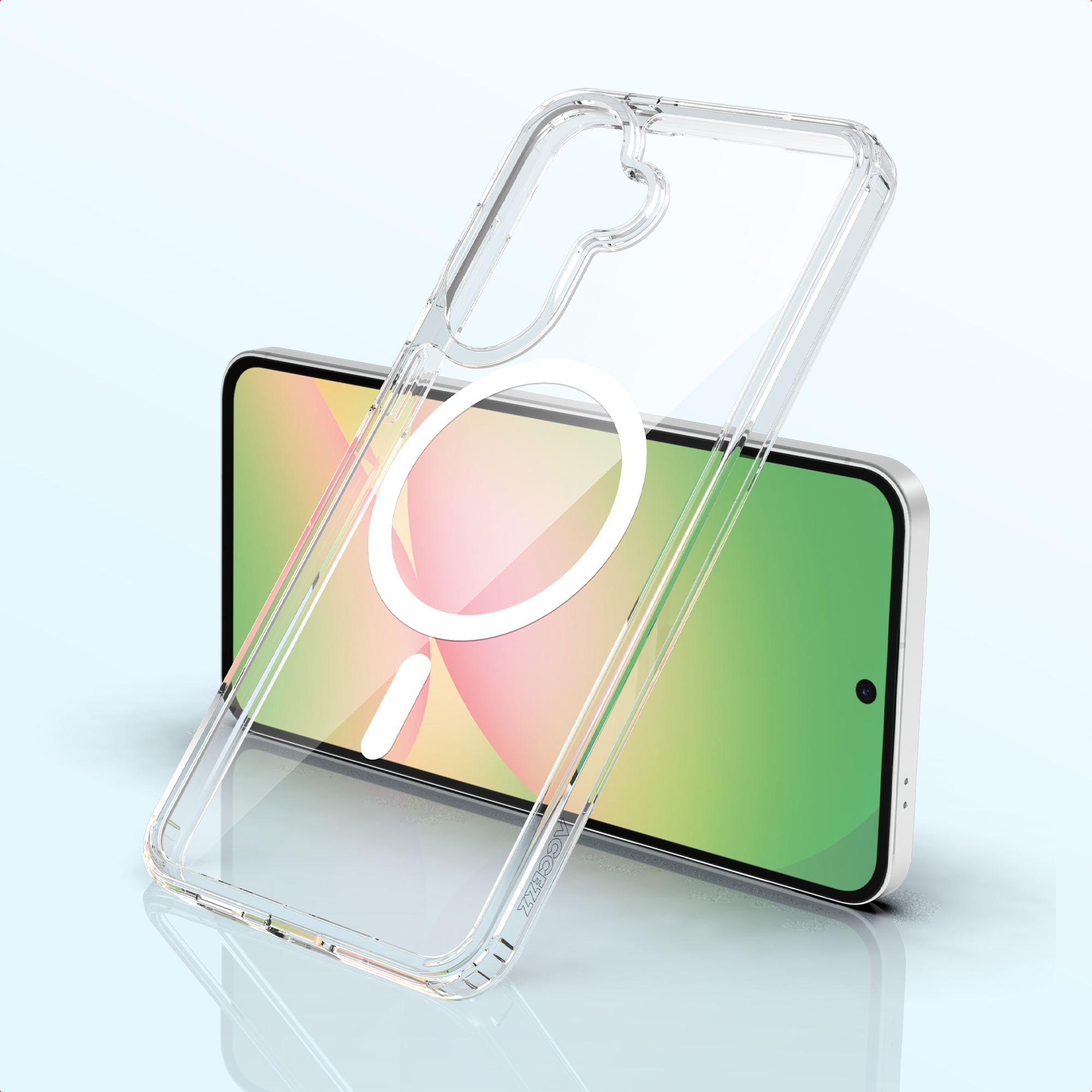 Une coque de téléphone transparente avec anneau magnétique repose sur un smartphone à écran vert.