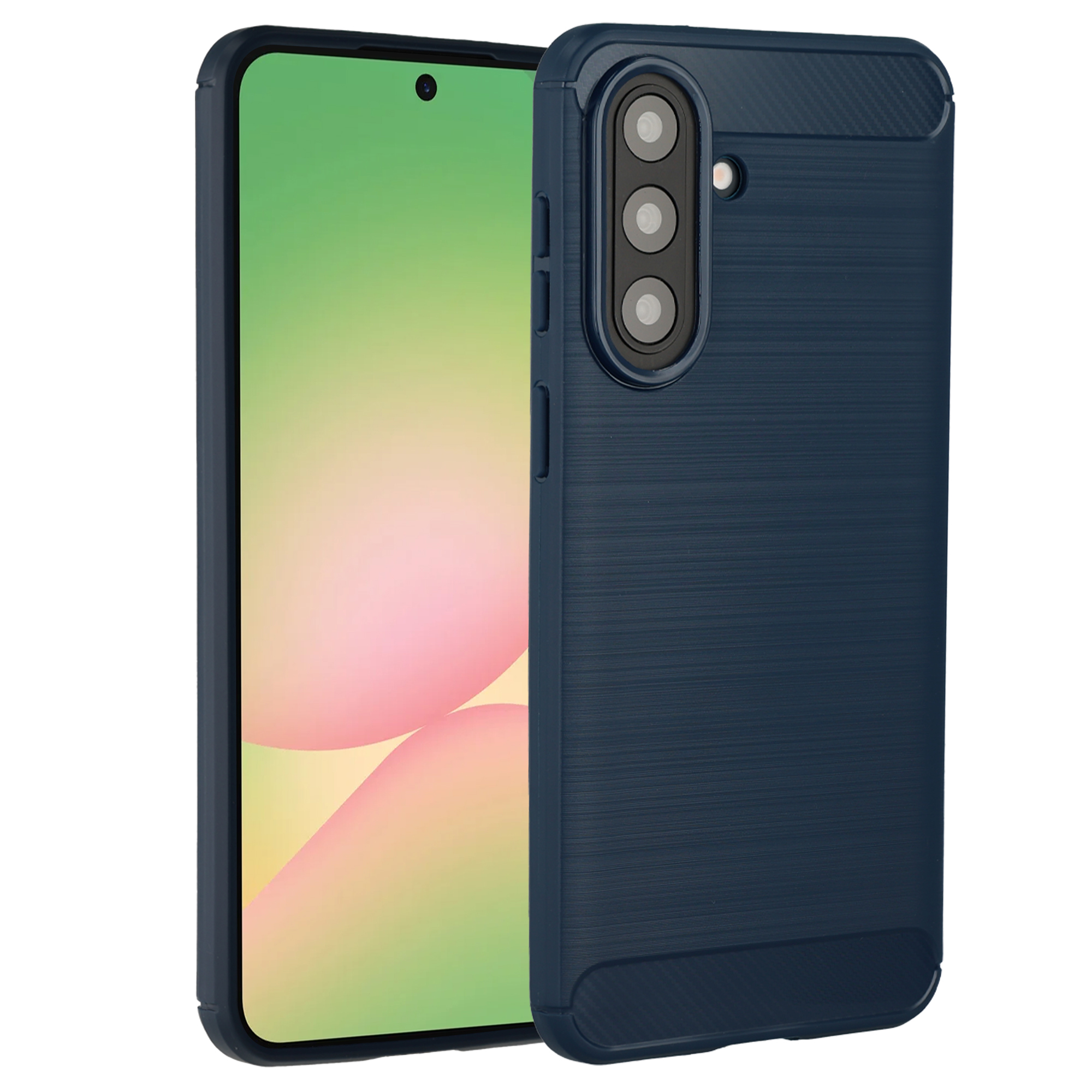 Un téléphone bleu avec une coque de protection, montrant trois caméras.