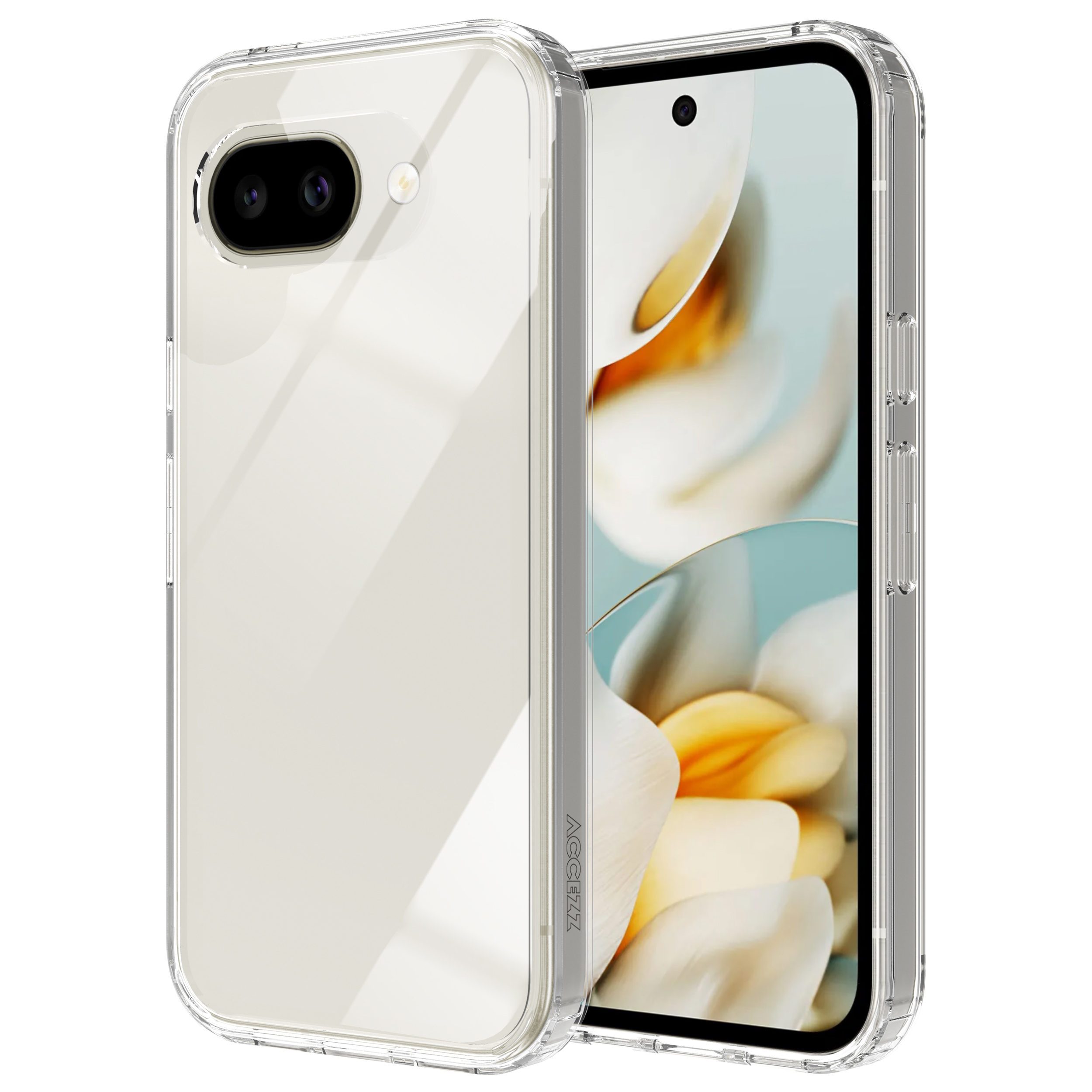 Transparante telefoonhoes met dubbele camera, op witte achtergrond.