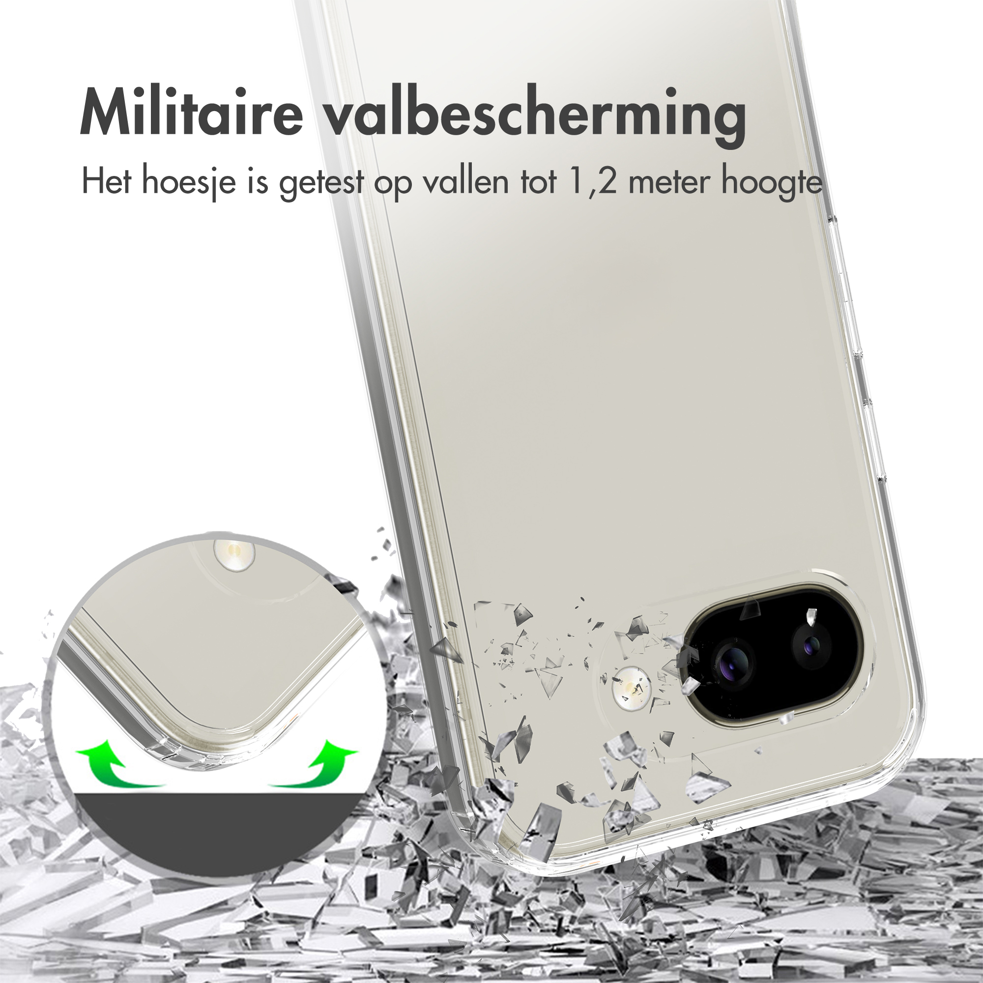 Transparante telefoonhoes valt tegen een achtergrond van gebroken glas.
