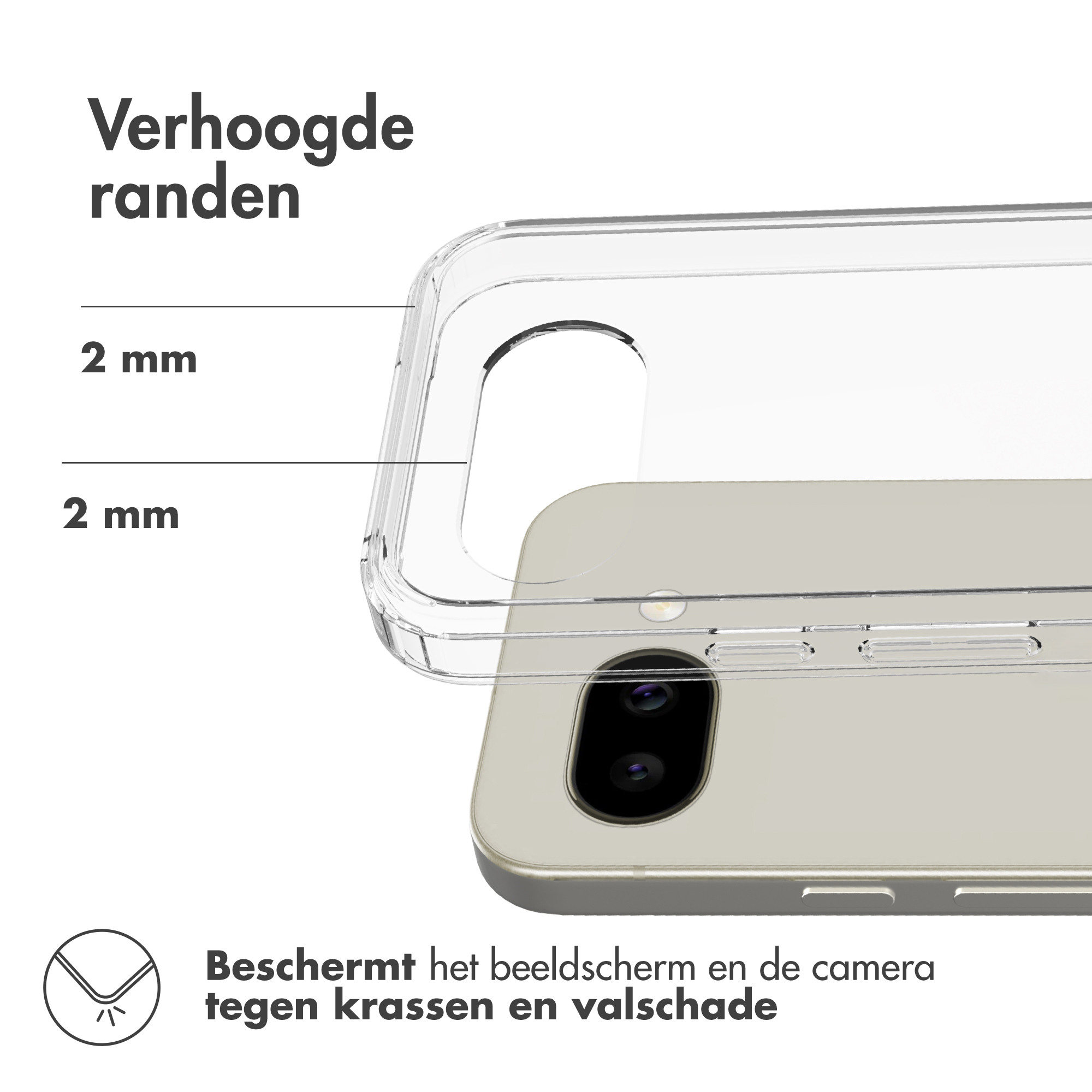 Verhoogde randen, 2 mm. Beschermt scherm en camera tegen krassen.