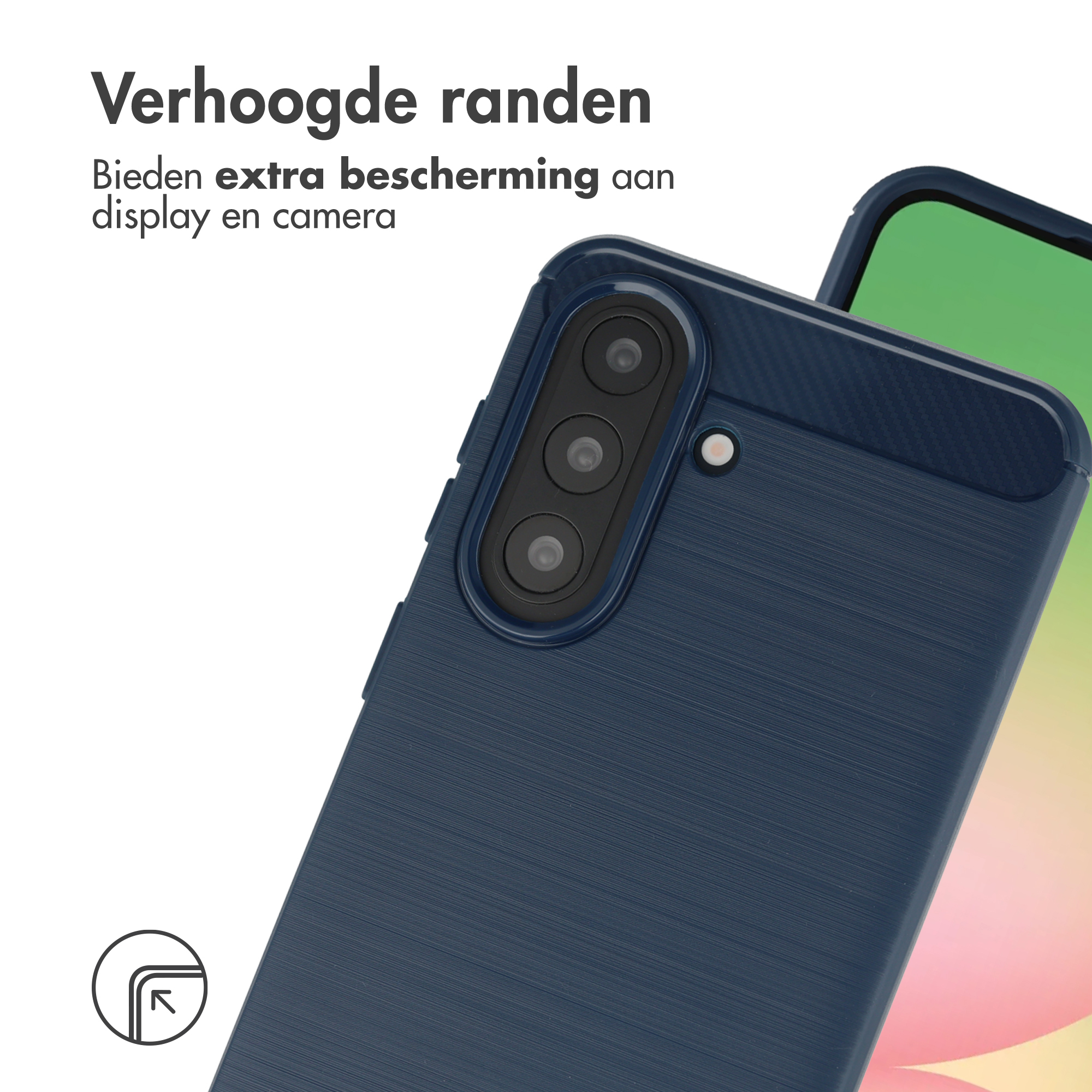 Coque de téléphone bleu foncé avec module caméra et bords relevés.