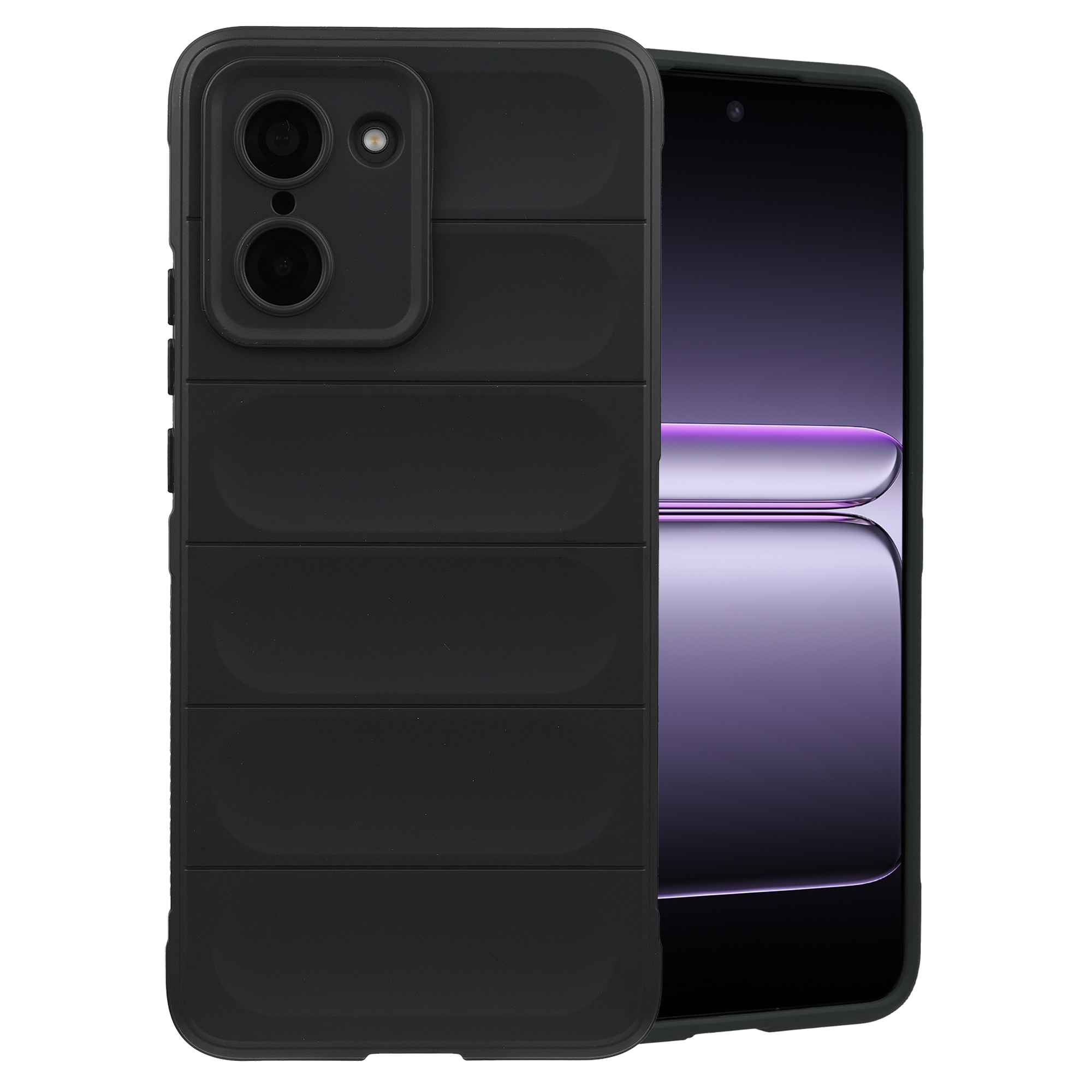 Zwarte telefoonhoes met horizontale lijnen naast een smartphone met paars scherm.