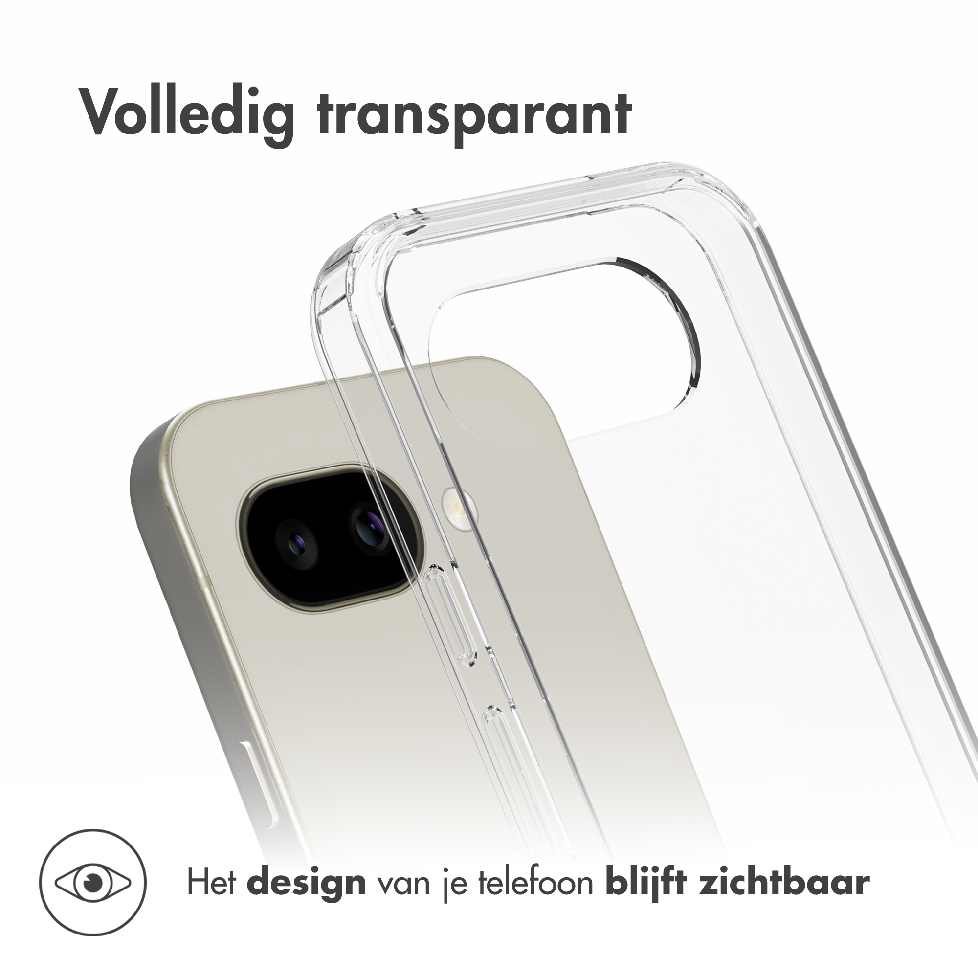 Transparante telefoonhoes over een zilveren smartphone met twee camera's.