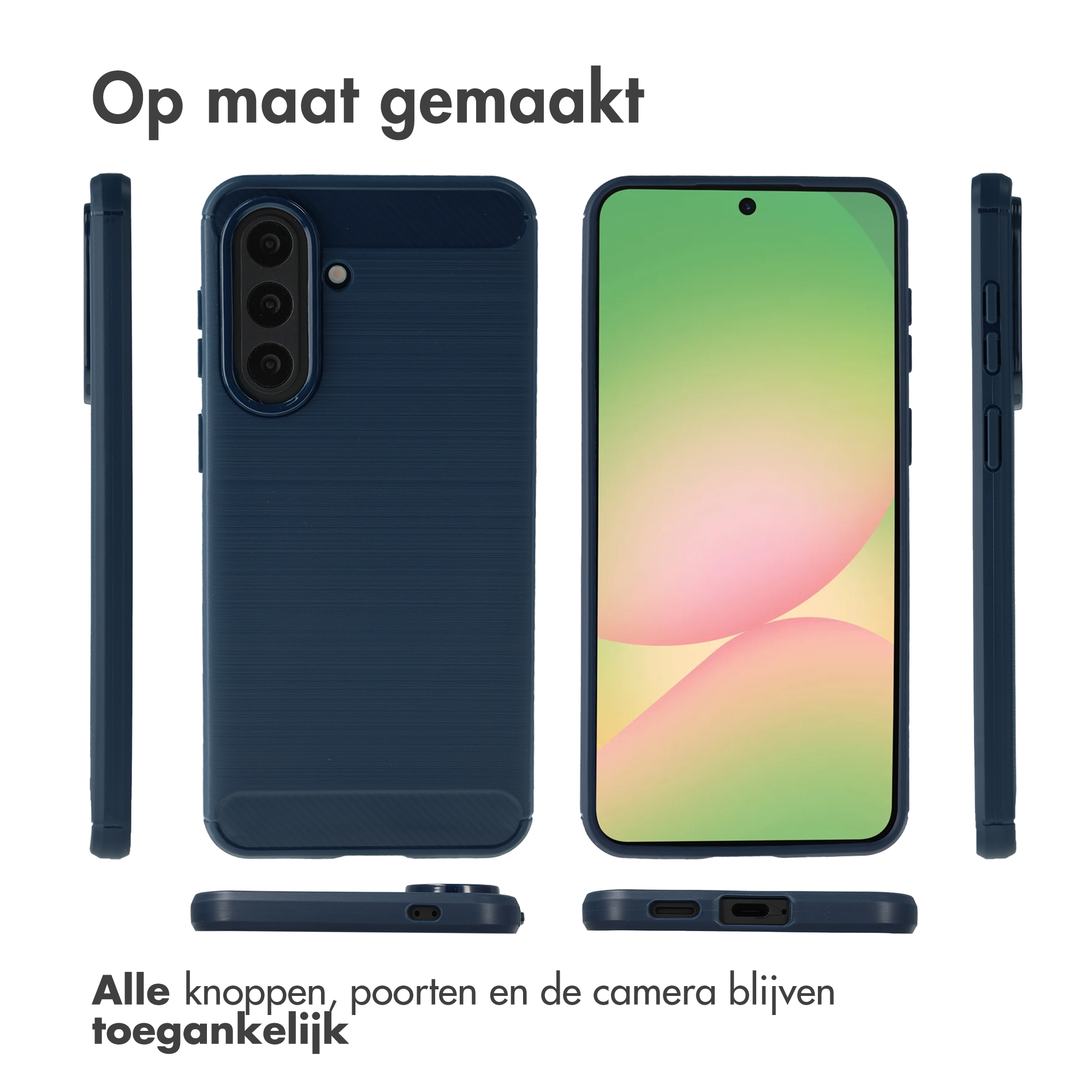 Ensemble de coque de téléphone bleu foncé : vues avant, arrière et latérales. Ports accessibles.