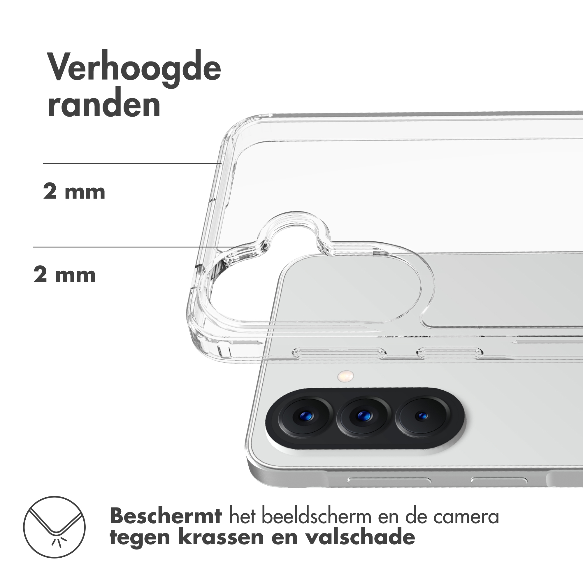 Custodia trasparente con bordi rialzati da 2mm per proteggere schermo e fotocamera.