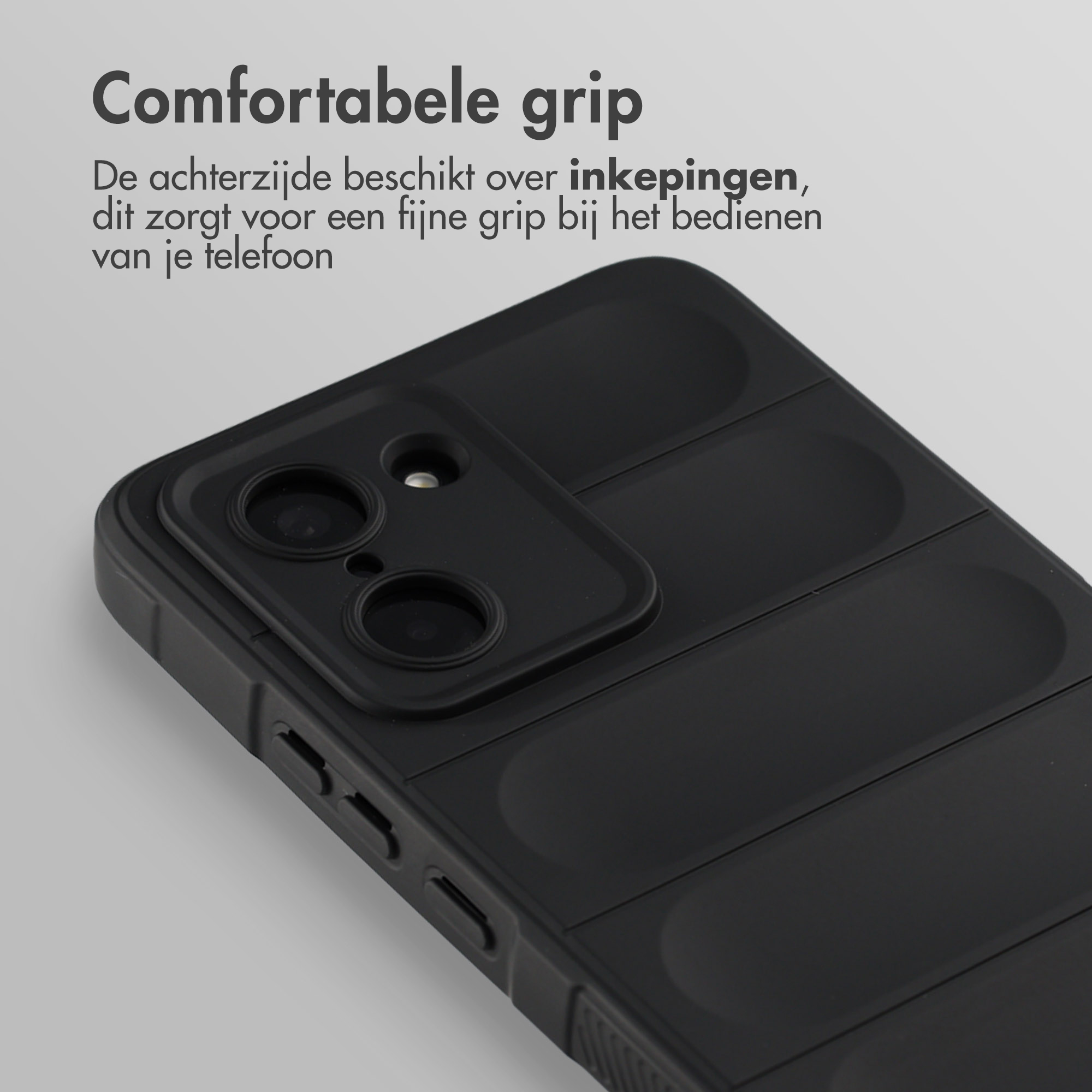 Zwarte telefoonhoes met inkepingen voor grip en camera-uitsnede.