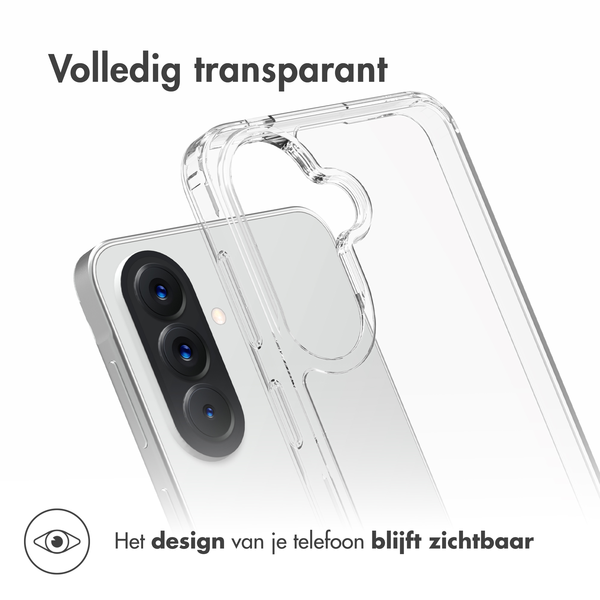 Una cover trasparente per telefono viene posizionata su uno smartphone con tre fotocamere.