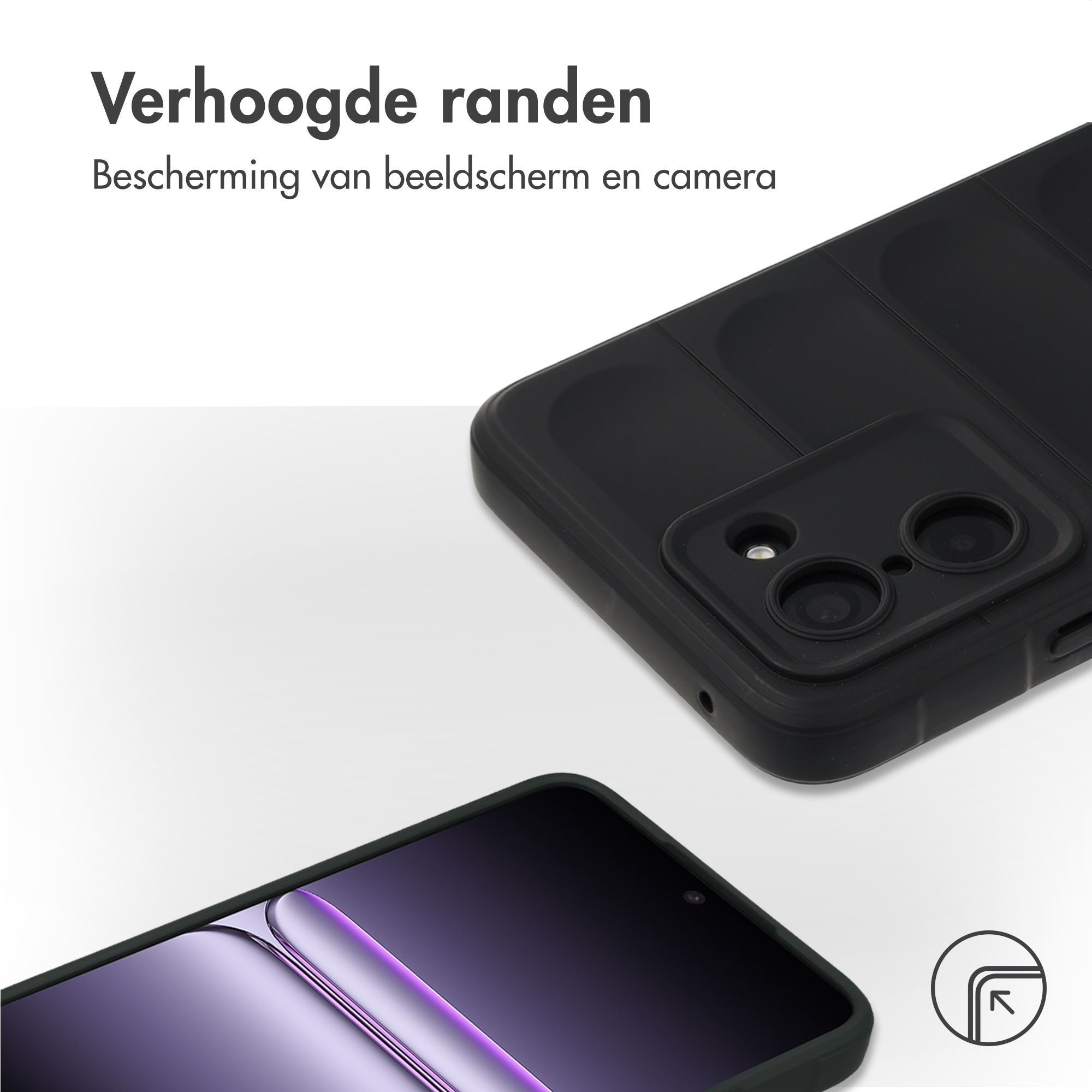 Zwarte telefoonhoes met verhoogde randen voor scherm- en camerabescherming.