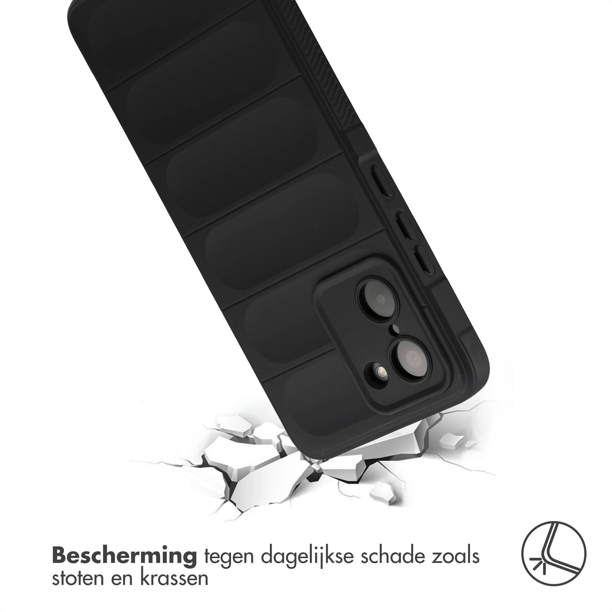 Zwarte telefoonhoes met ribbelpatroon valt op gebarsten grond.