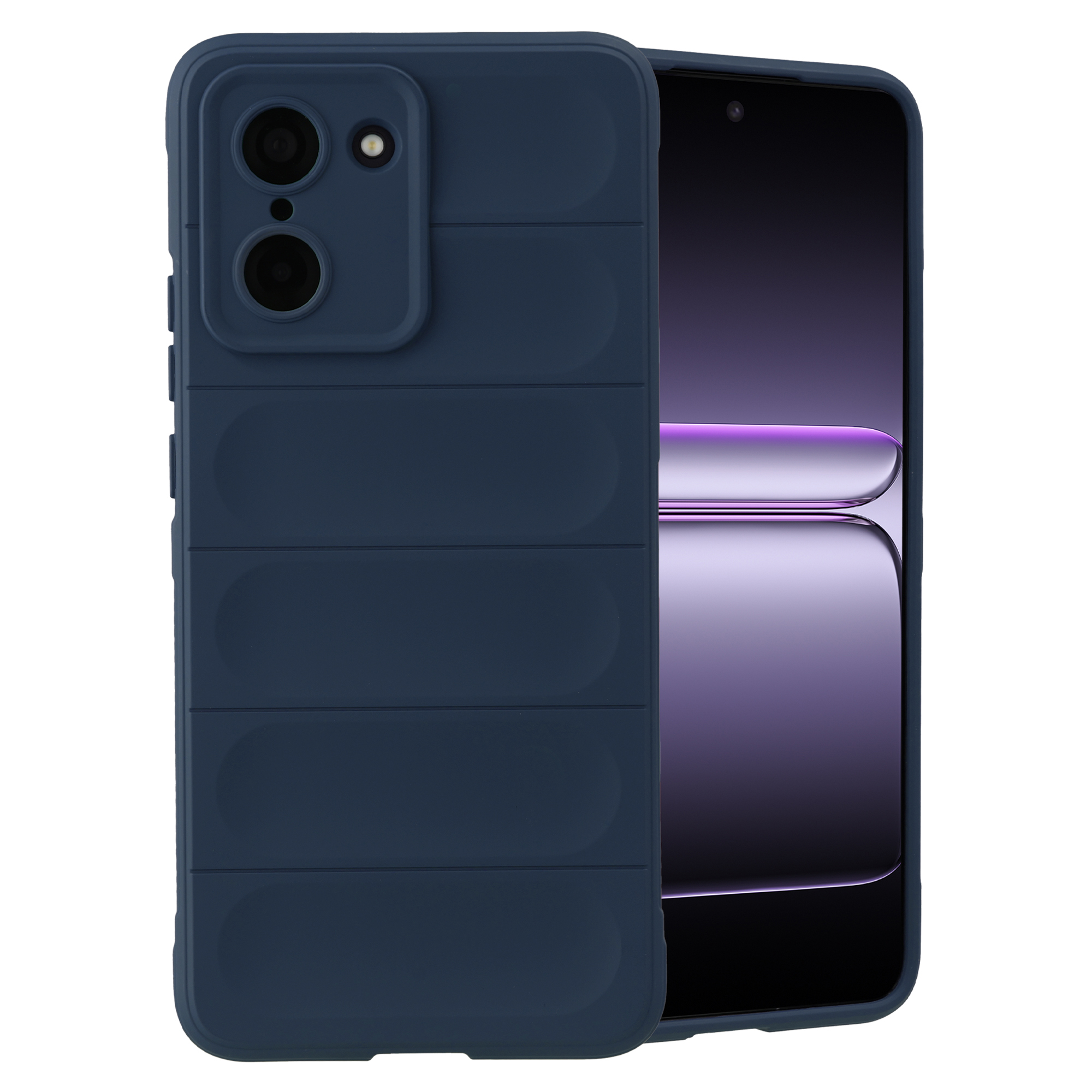 Donkerblauwe telefoonhoes met horizontale lijnen, naast een smartphone.