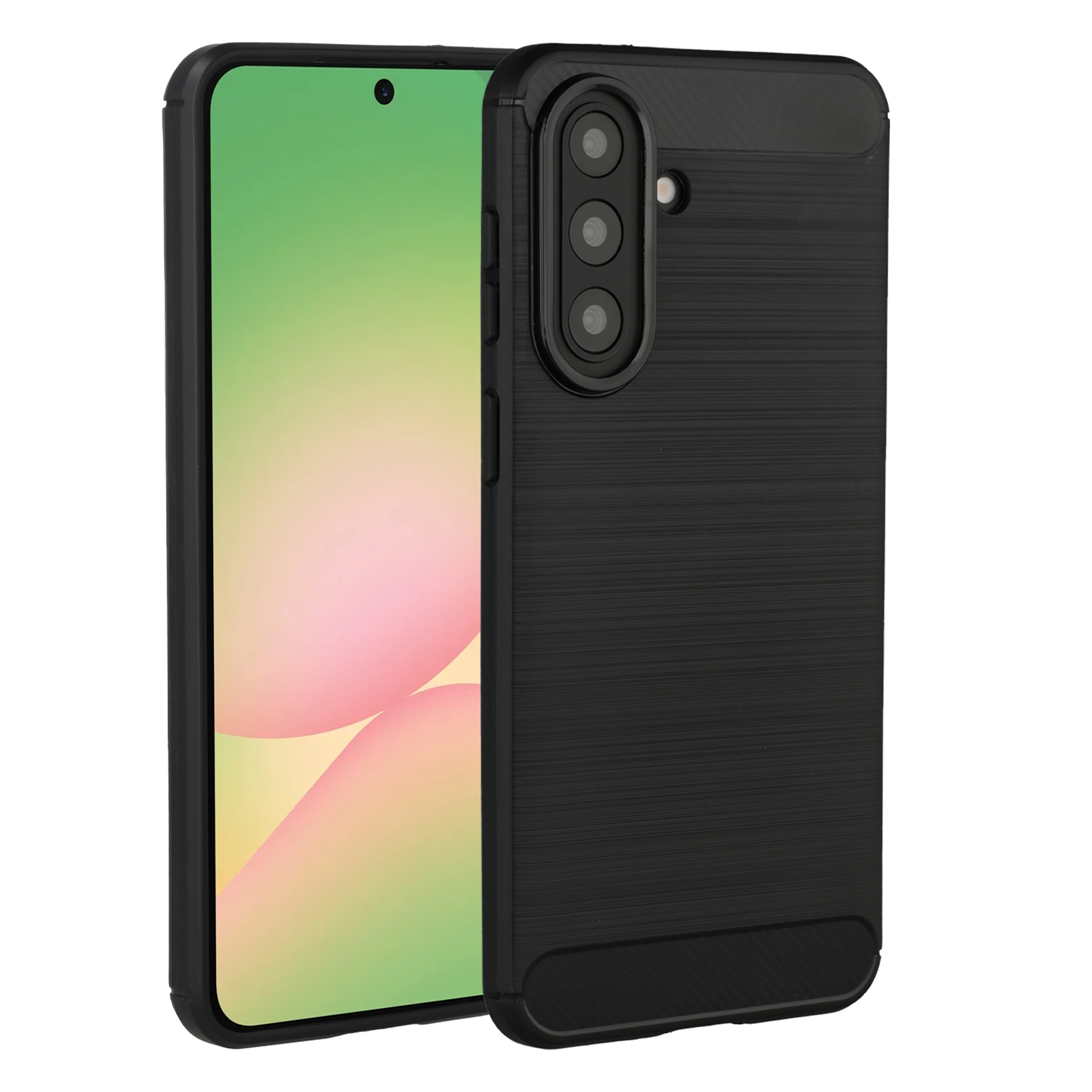 Zwarte telefoonhoes met geborstelde textuur en camerauitsparing.