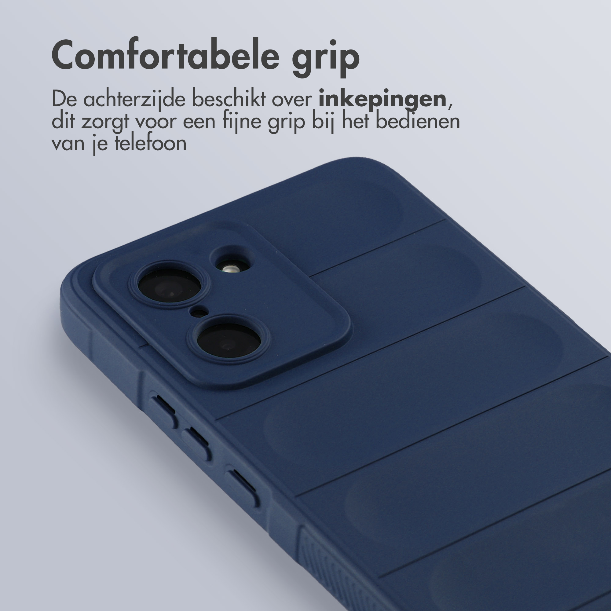 Donkerblauwe telefoonhoes met groeven voor grip. Cameramodule zichtbaar.