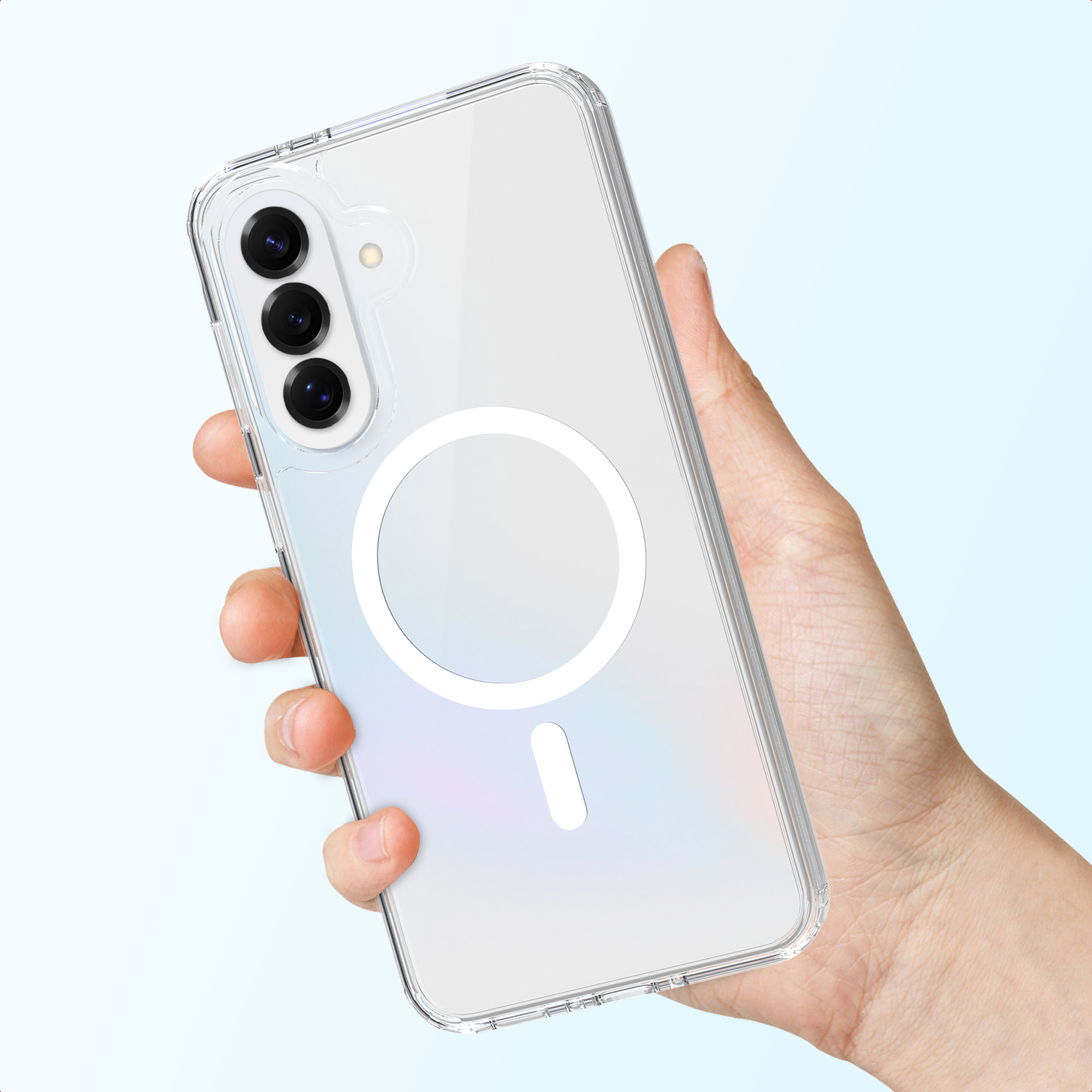 Una mano tiene una cover trasparente per telefono con un motivo circolare sul retro.