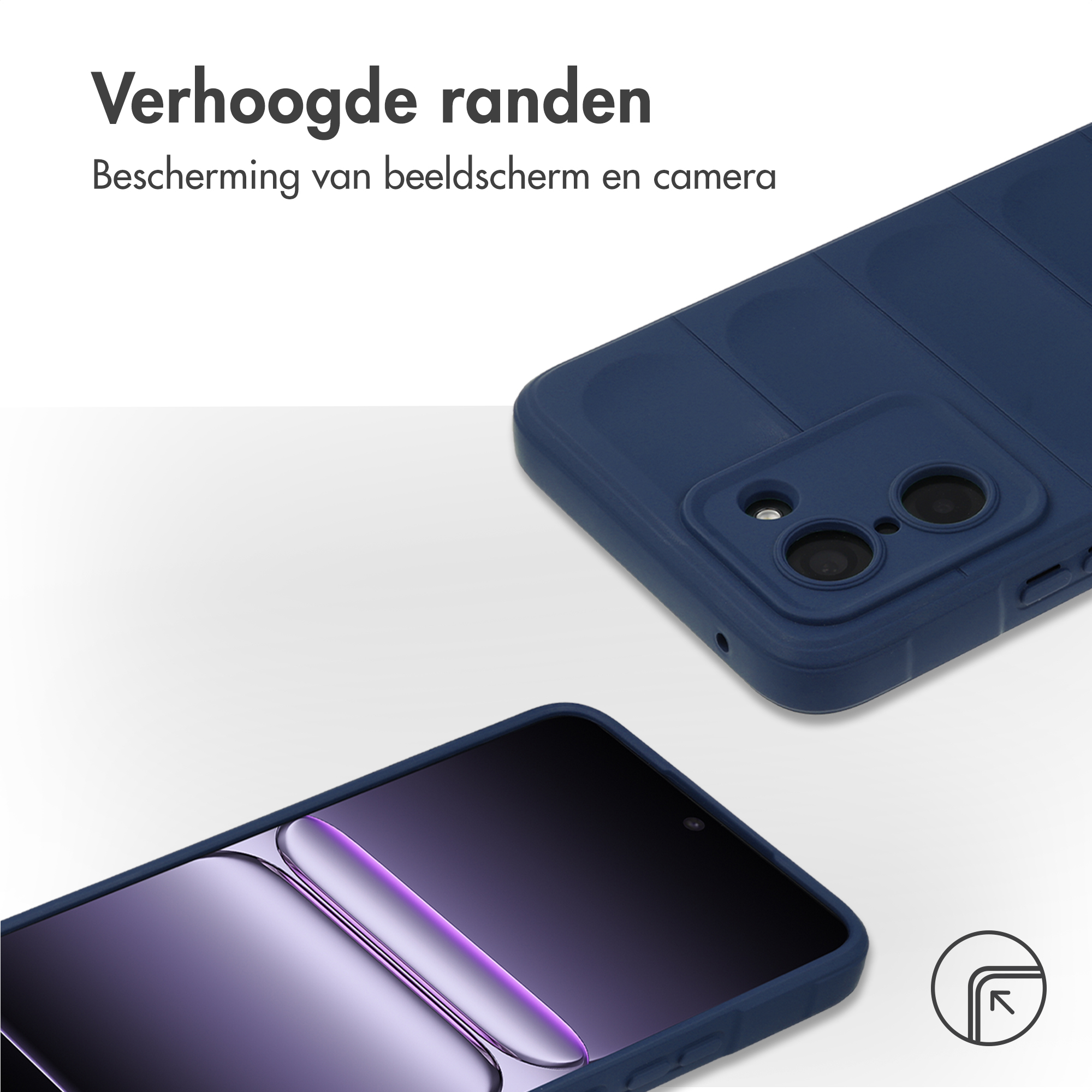 Donkerblauwe telefoonhoes met verhoogde randen beschermt scherm en camera.
