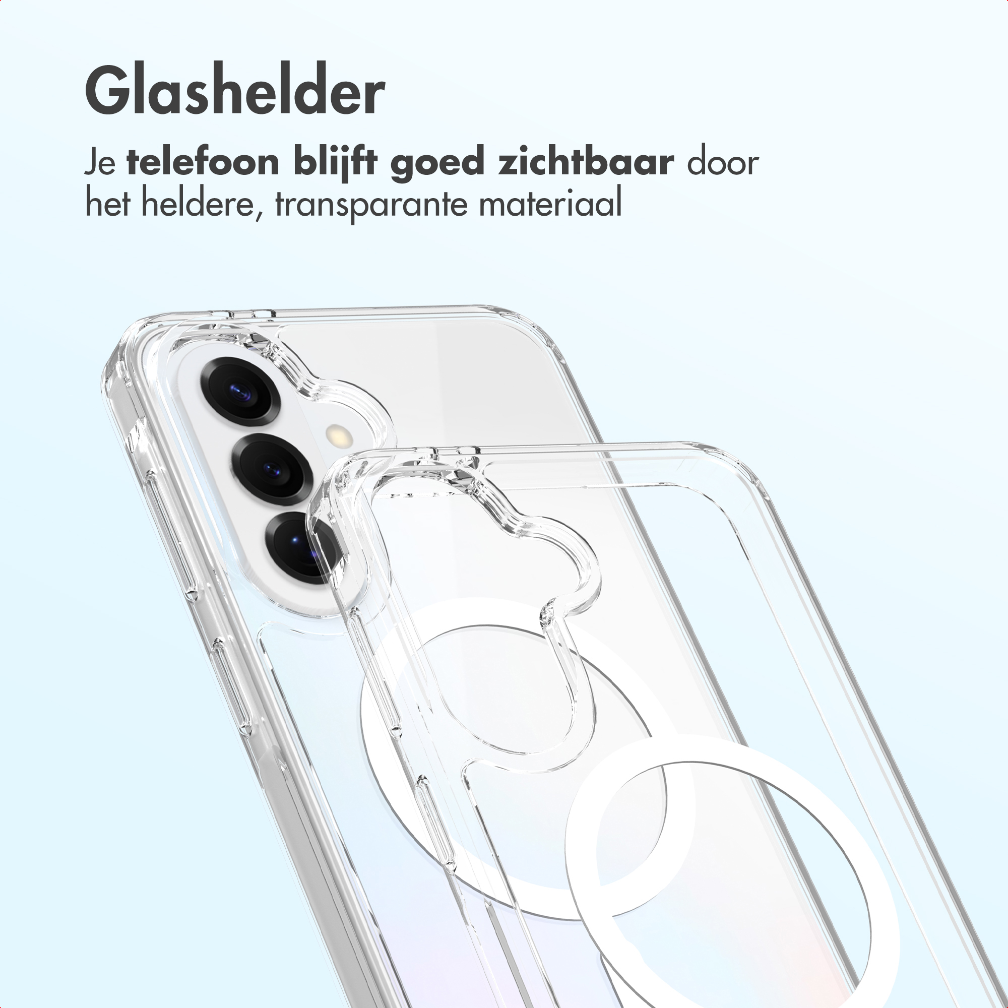 Custodia trasparente per telefono con tre obiettivi e un anello.