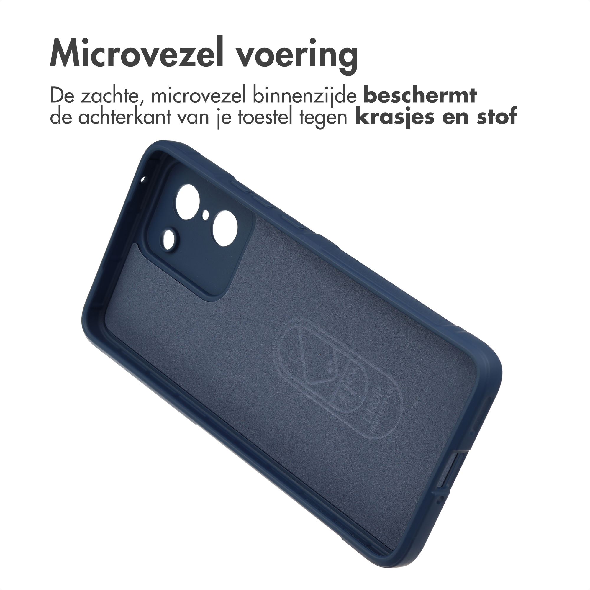 Donkerblauwe telefoonhoes binnenkant met microvezel voering.