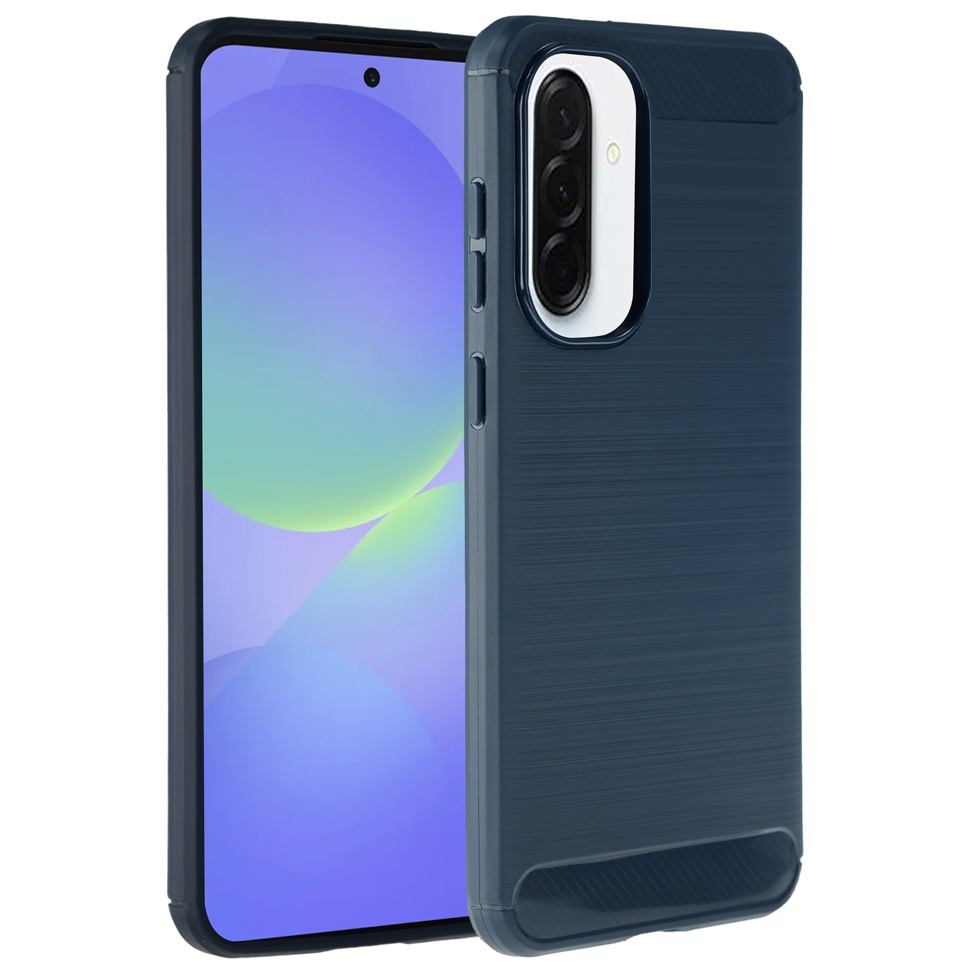 Donkerblauwe telefoonhoes met geborstelde textuur en cameramodule.