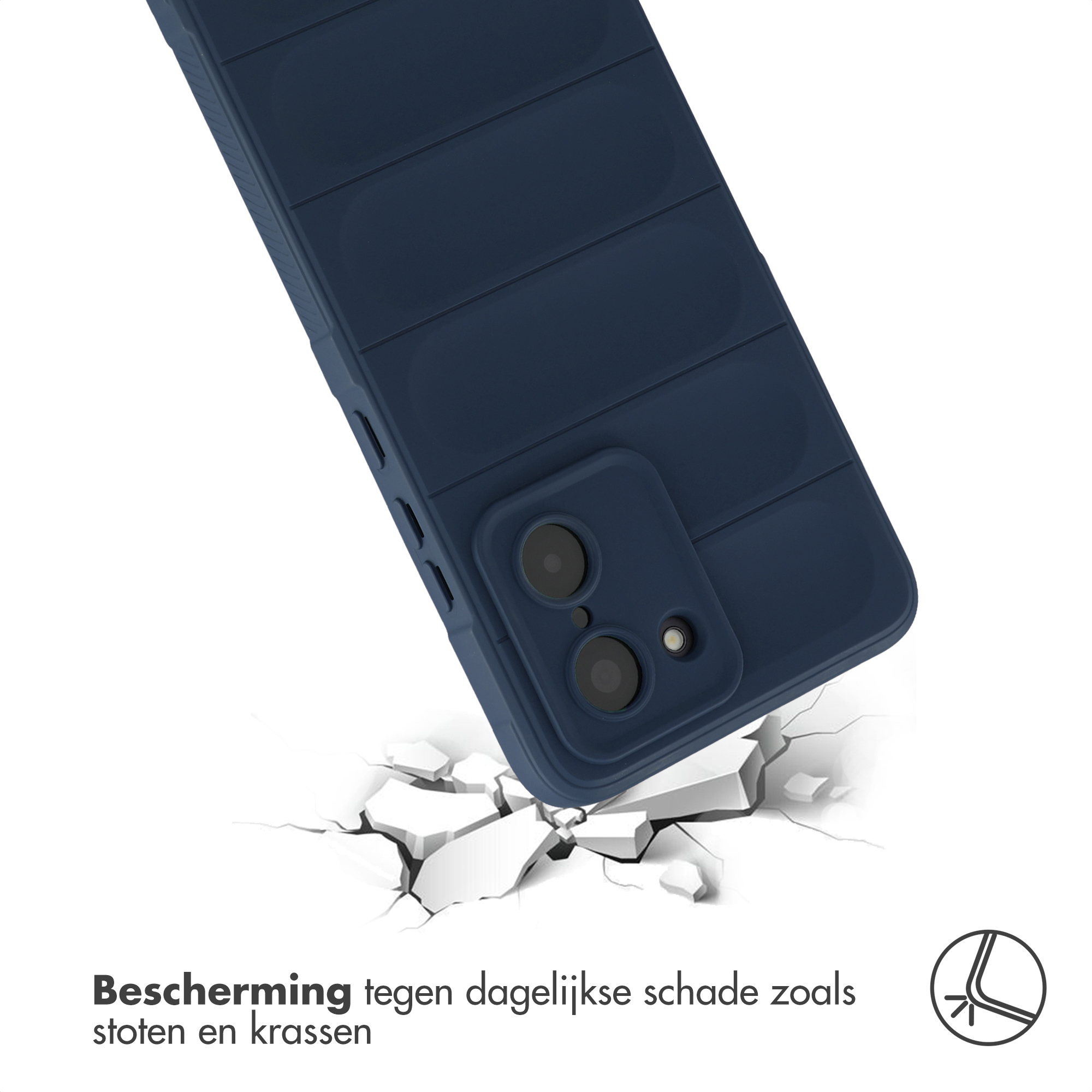 Donkerblauwe telefoonhoes valt op gebroken ondergrond. Bescherming tegen stoten.