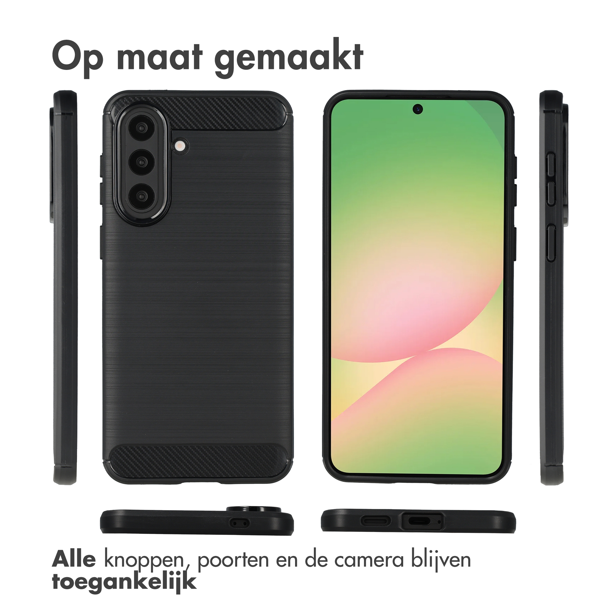 Zwarte telefoonhoesje in drie weergaven met tekst.