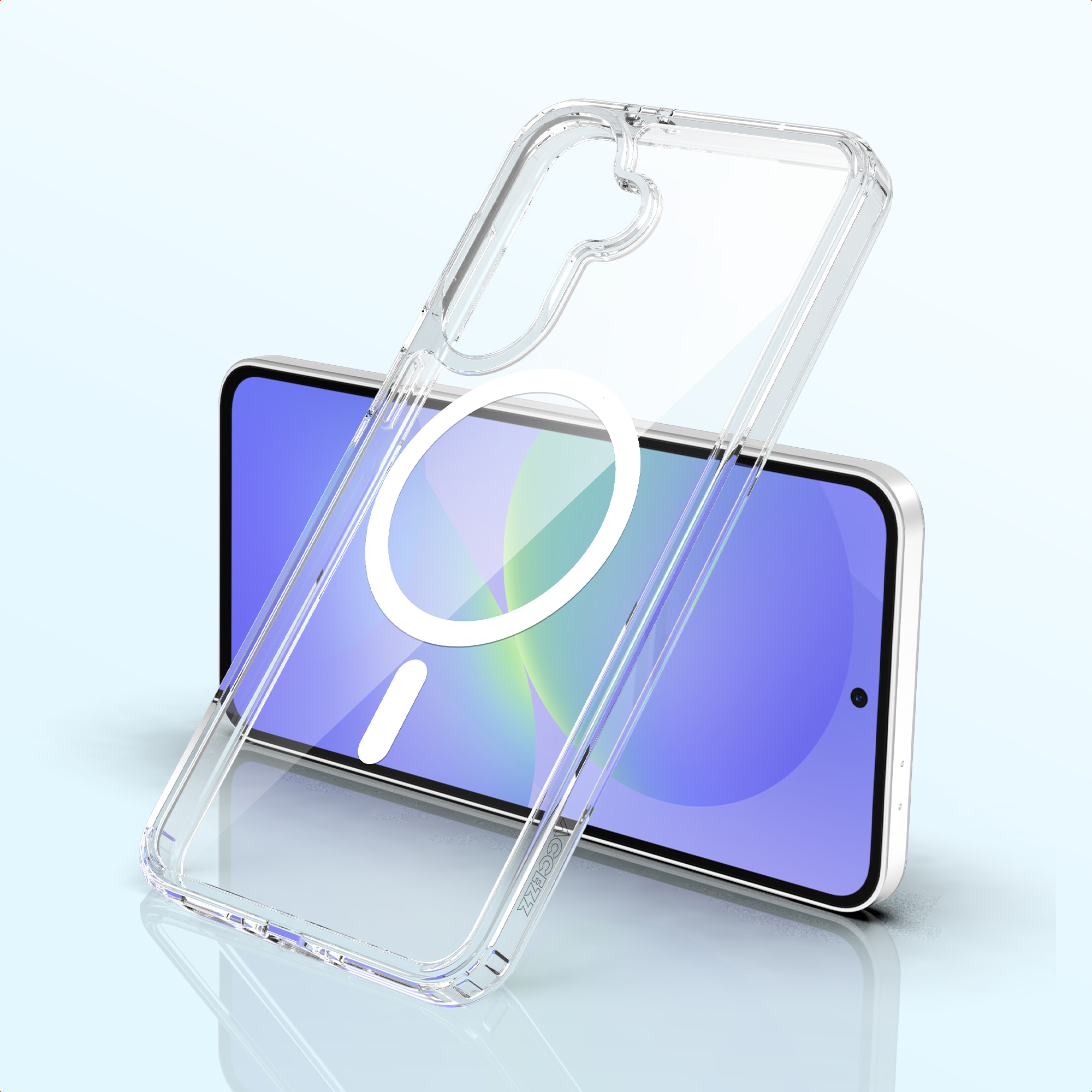 Custodia trasparente per telefono con anello MagSafe su uno smartphone con schermo blu.