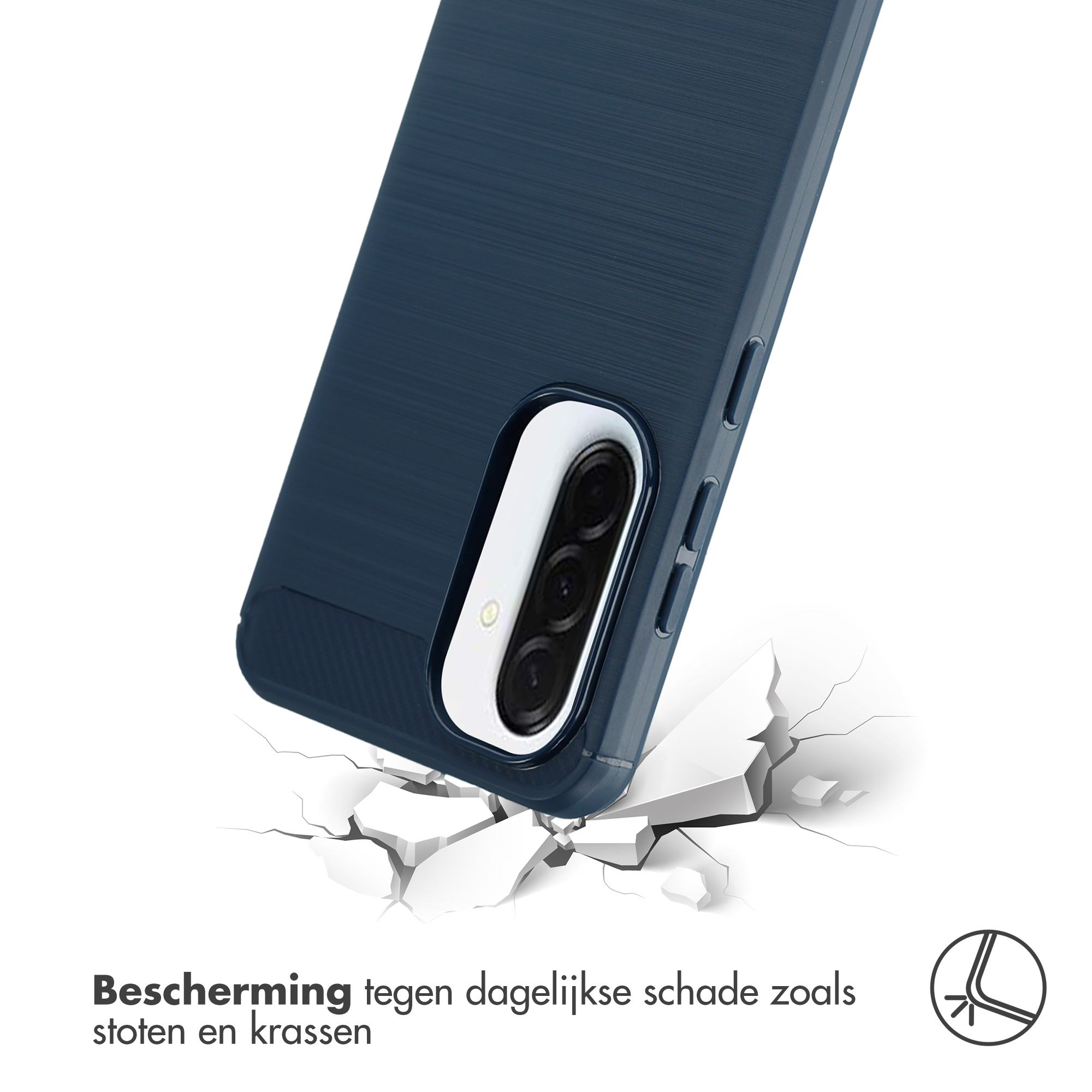 Een blauwe telefoonhoes valt op gebarsten witte grond. Bescherming tegen schade.