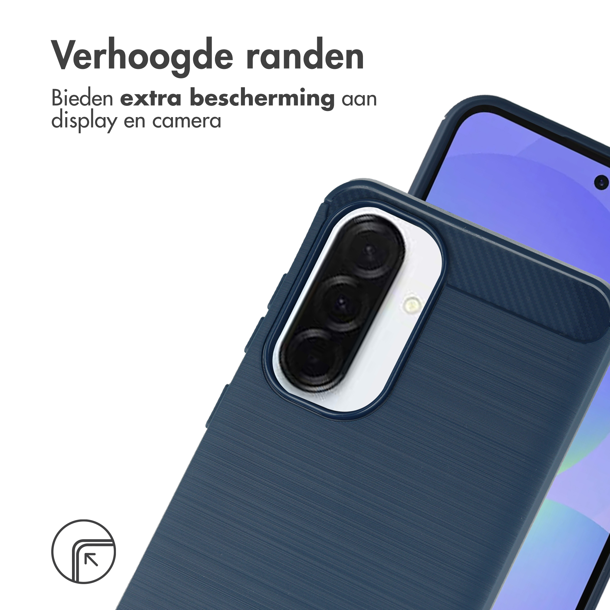 Donkerblauwe telefoonhoes met camerabult en smartphone.