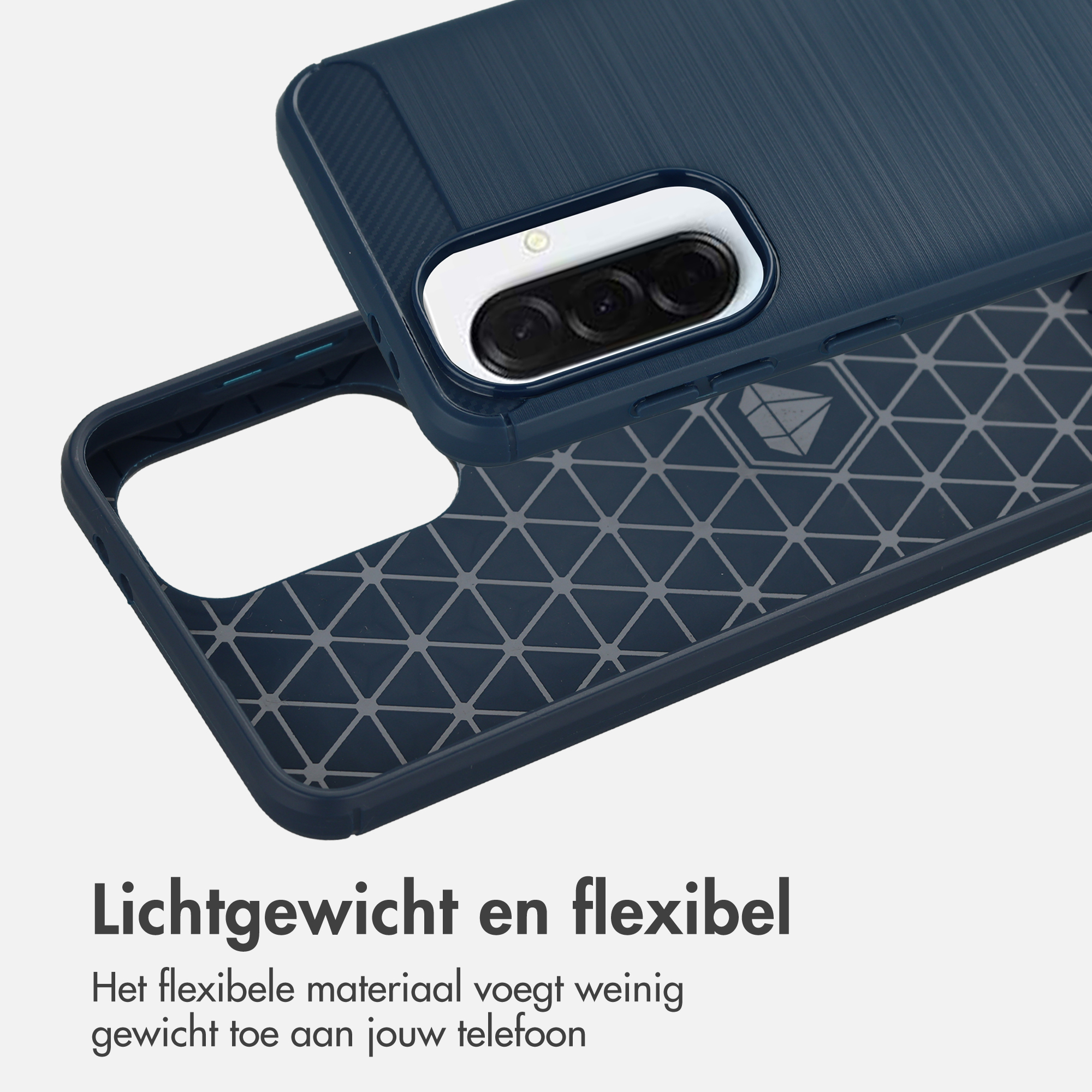 Donkerblauwe telefoonhoes met camera-uitsparing en honingraatpatroon.