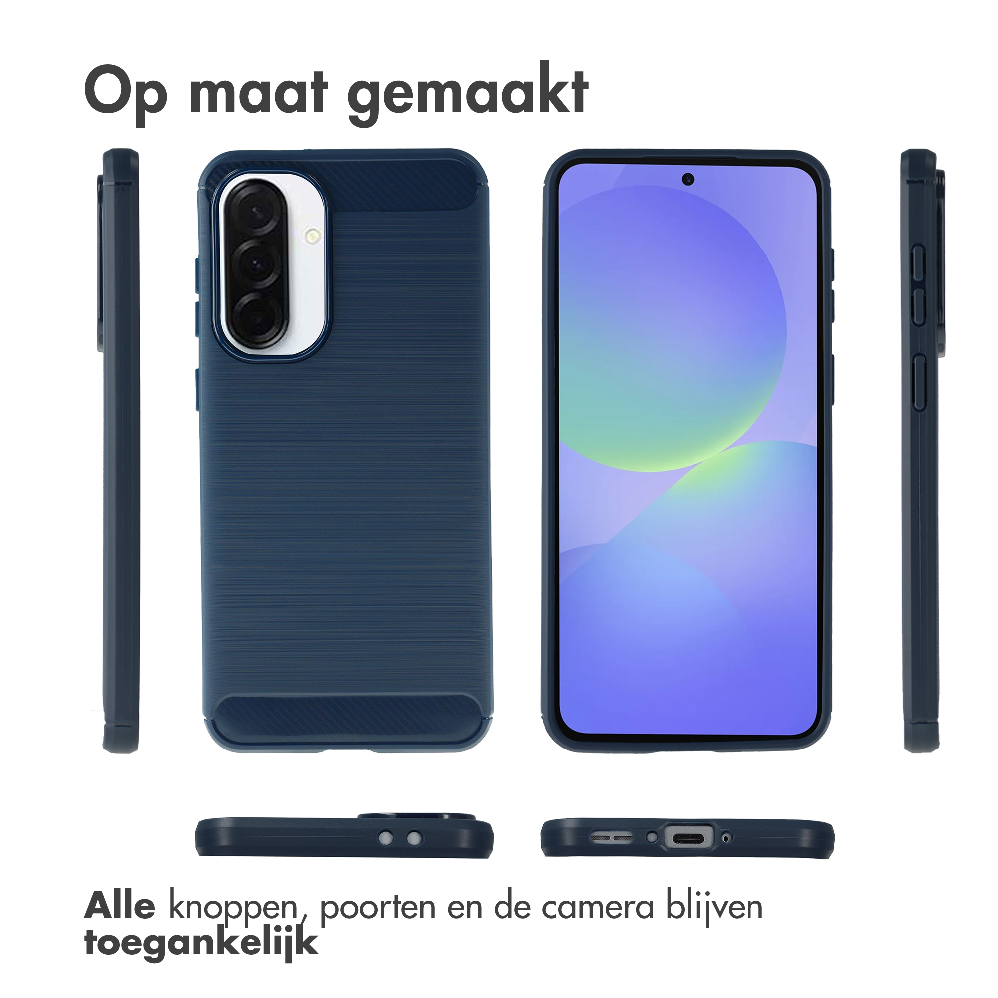 Drie donkerblauwe telefoonhoesjes, met voor-, achter- en zijaanzichten.