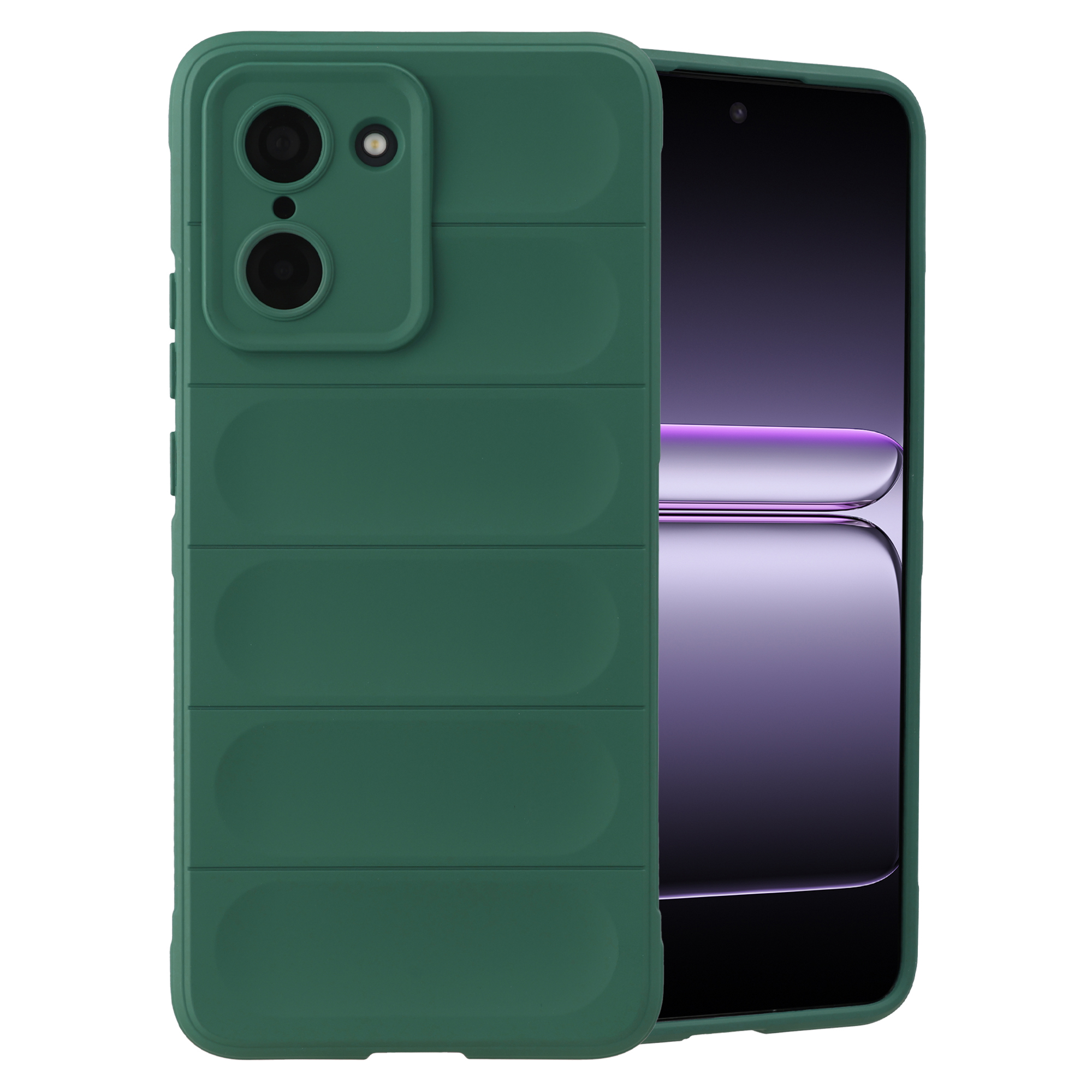 Coque de téléphone verte avec des nervures horizontales et une découpe caméra.