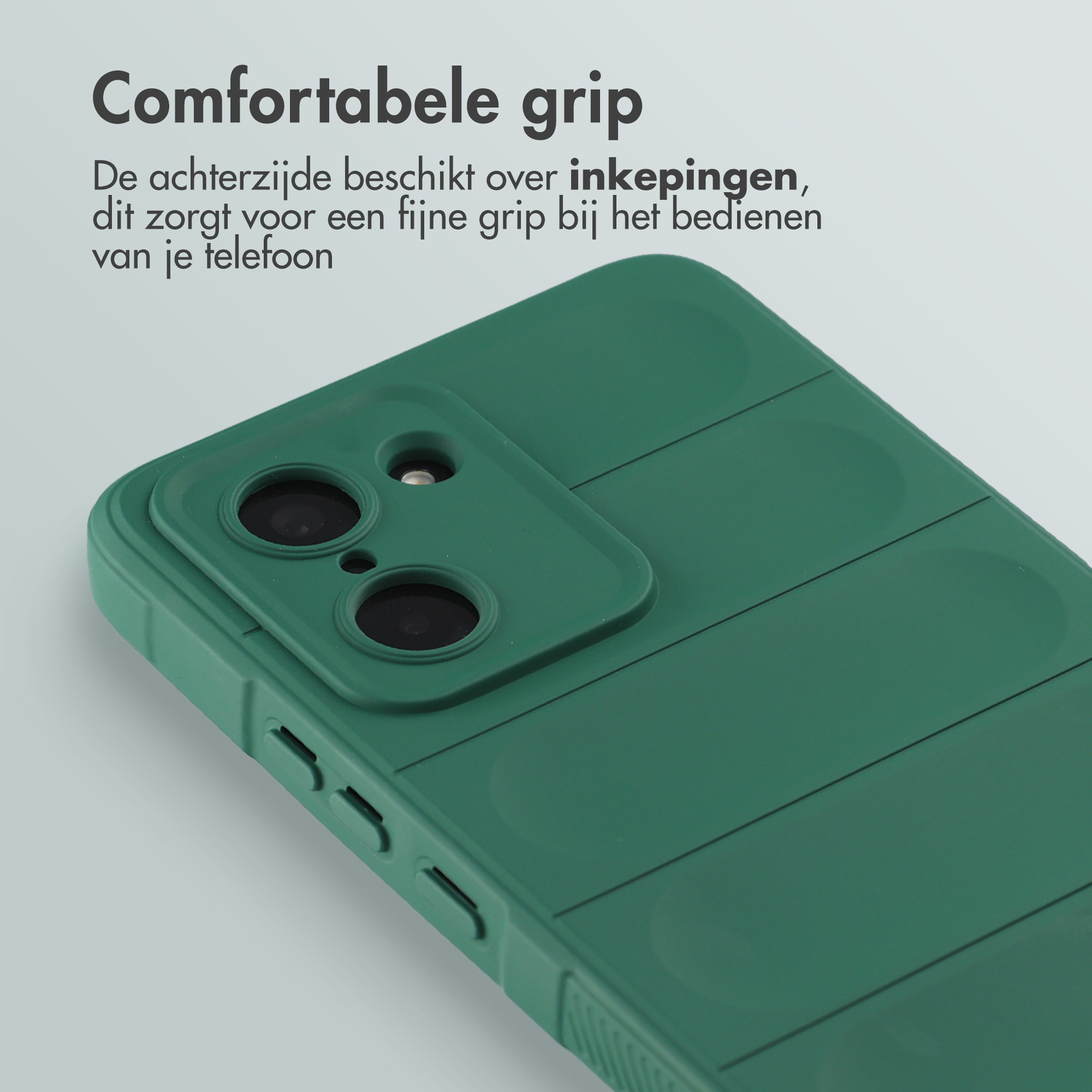 Coque de téléphone verte avec découpe caméra et texture rainurée pour une bonne prise.