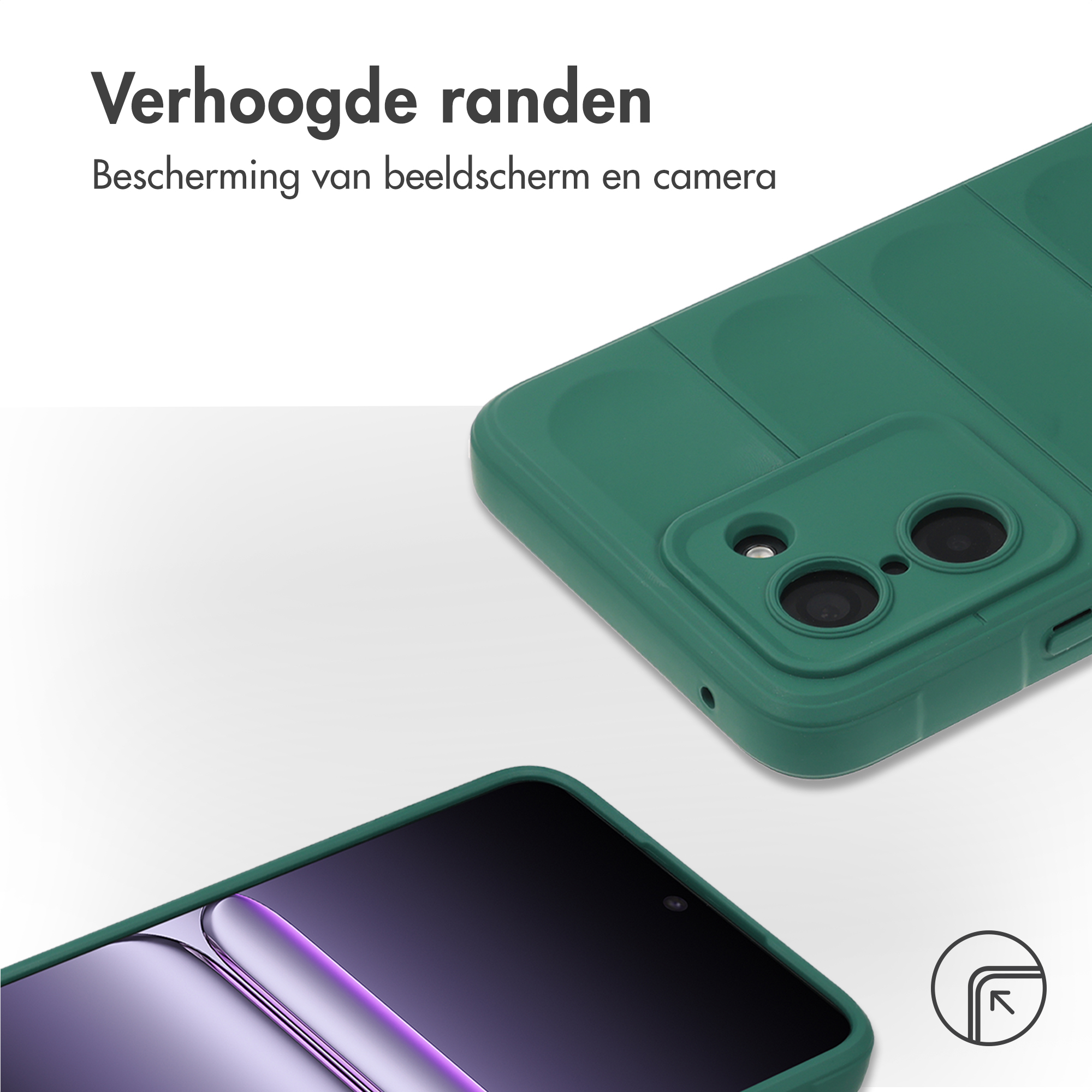 Coque de téléphone verte avec bords surélevés pour appareil photo et écran.