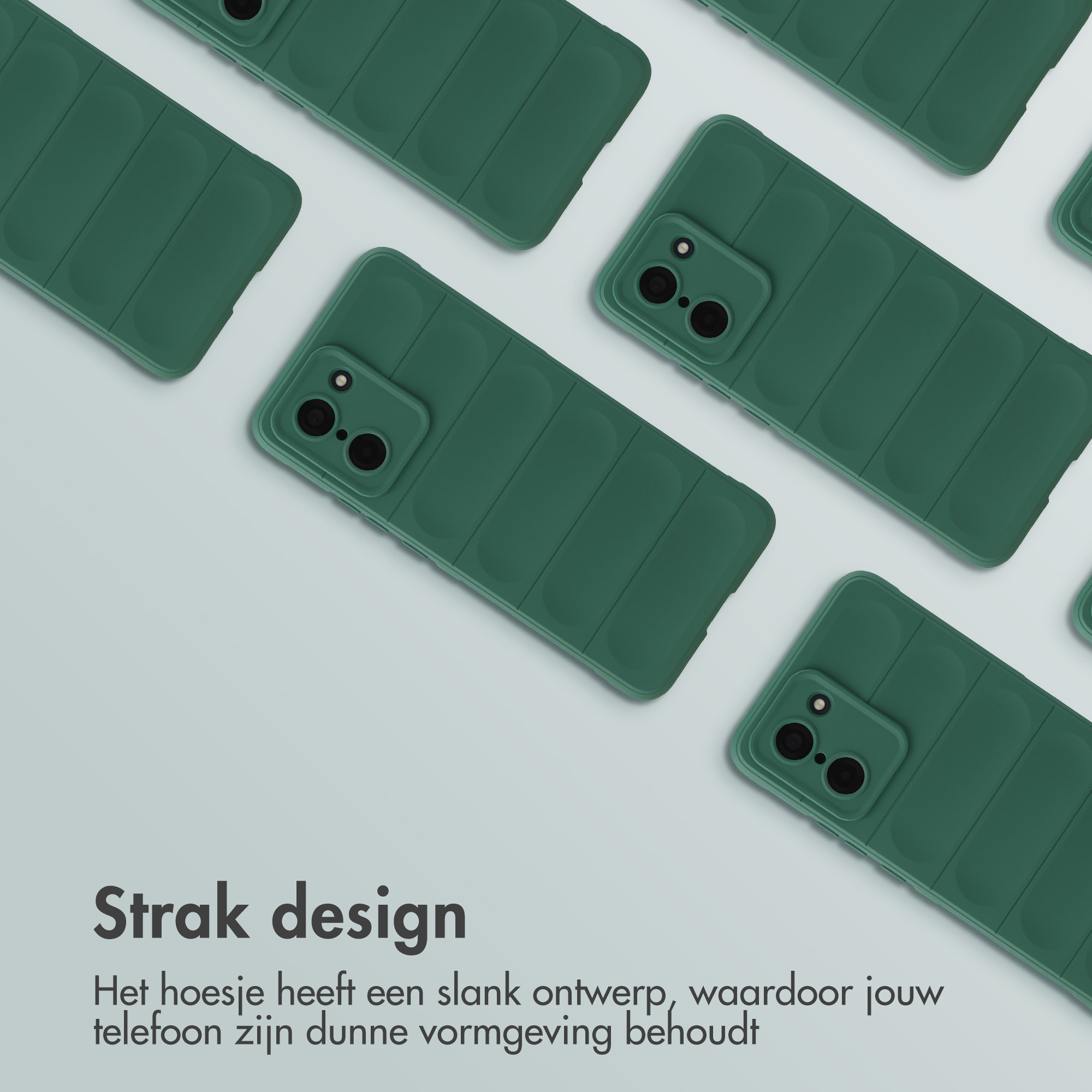 Plusieurs coques de téléphone vertes côtelées disposées sur un fond gris clair.