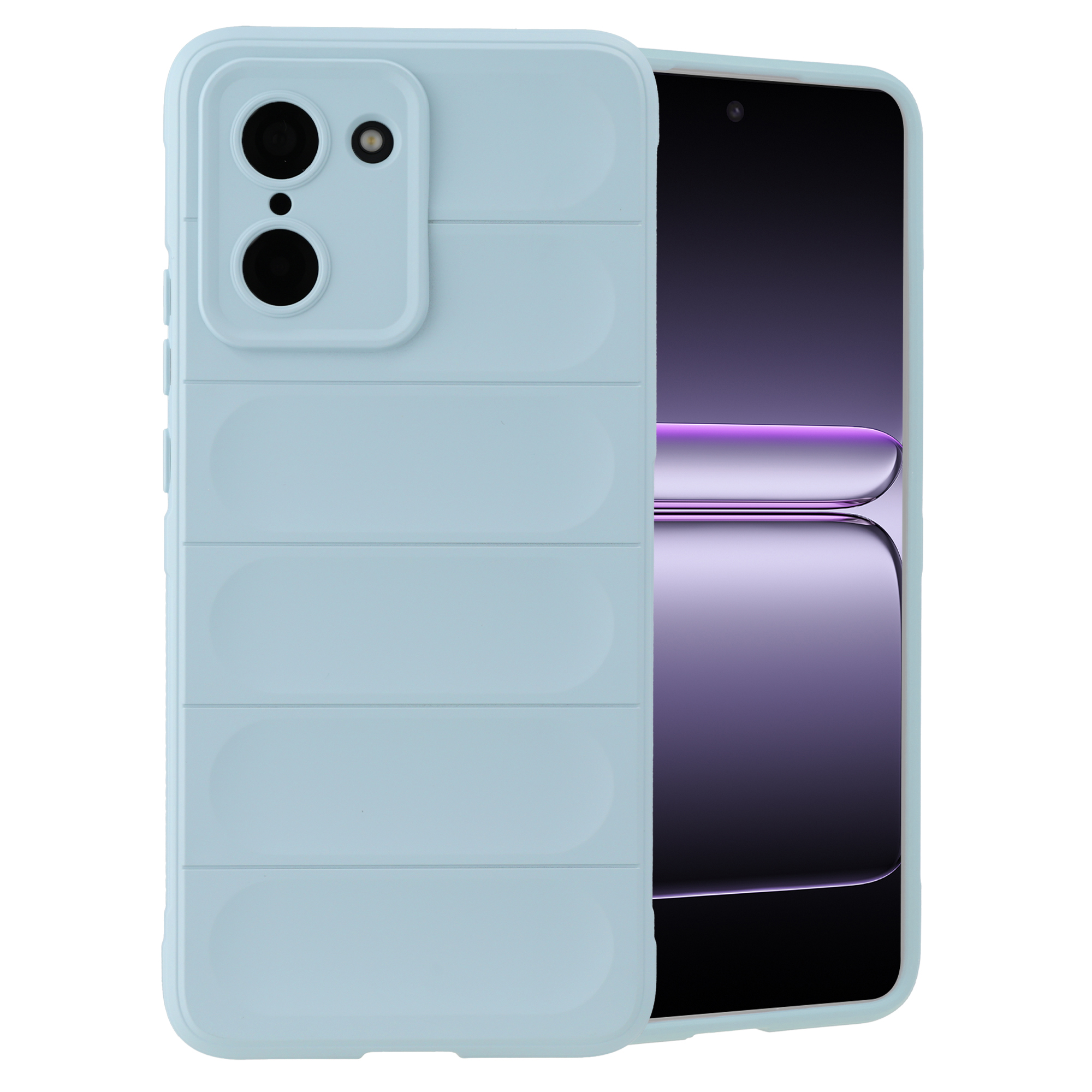 Lichtblauwe telefoonhoes met horizontale ribbels en camera-uitsparing.