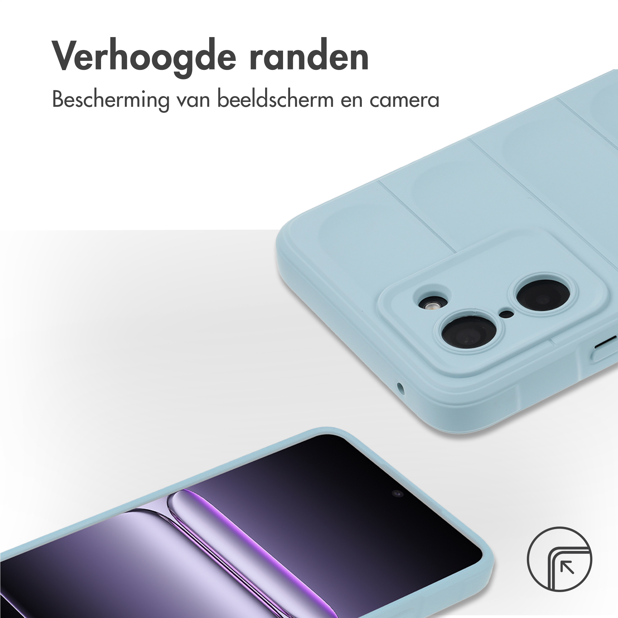 Lichtblauwe telefoonhoes met verhoogde randen voor camera en scherm.