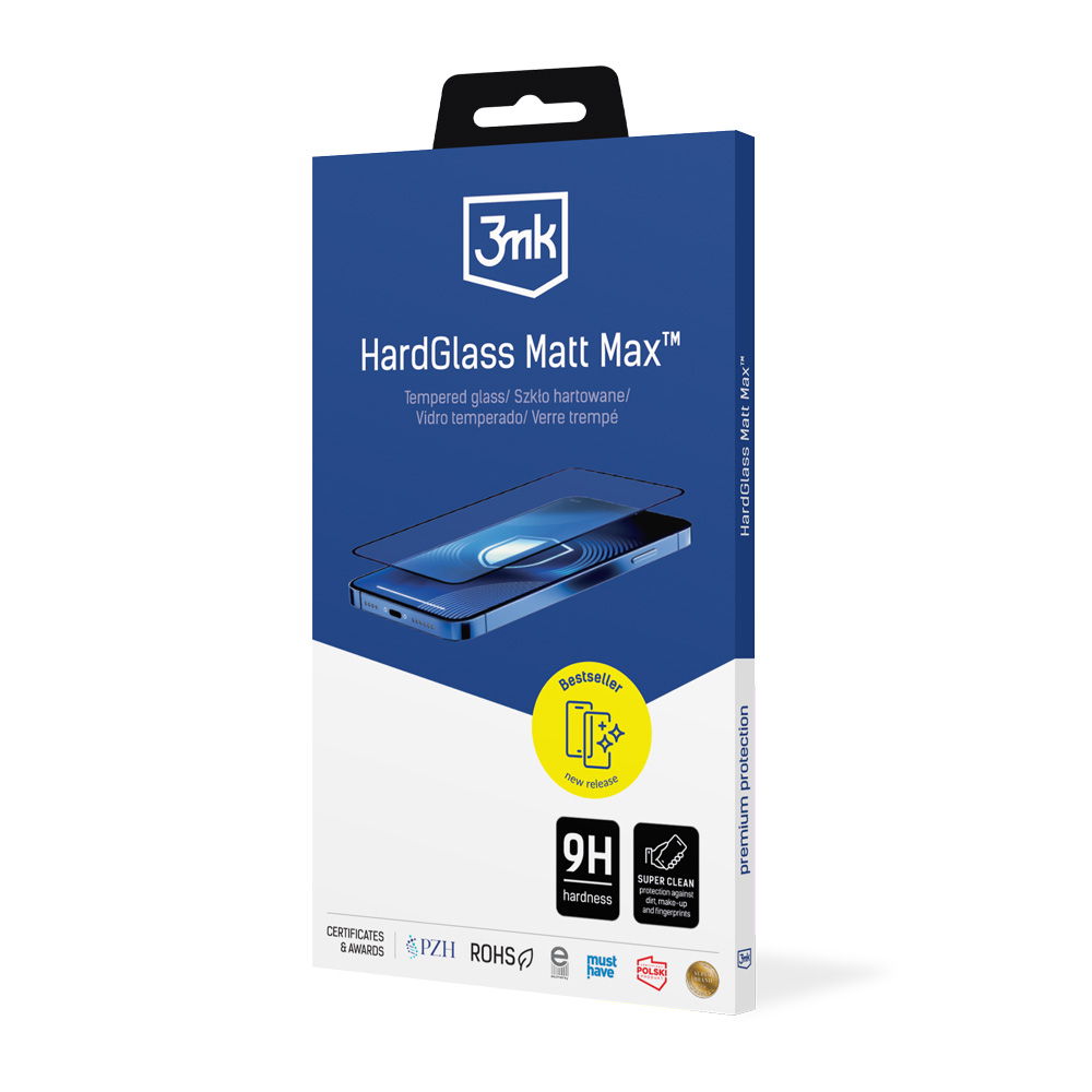 Confezione per proteggi schermo 3mk HardGlass Matt Max con illustrazione smartphone.