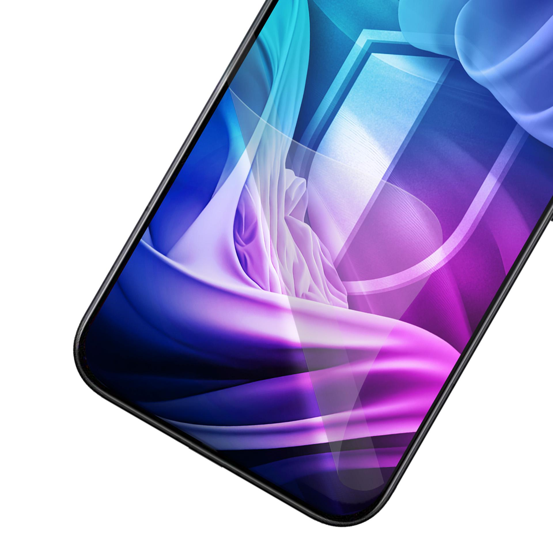 Lo schermo di uno smartphone mostra un design astratto e ondulato in tonalità viola e blu.