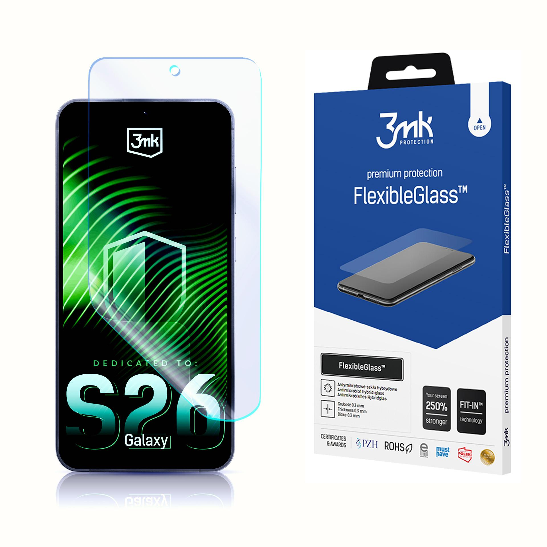 Confezione protettore schermo 3mk FlexibleGlass con grafica Galaxy S26 e telefono.