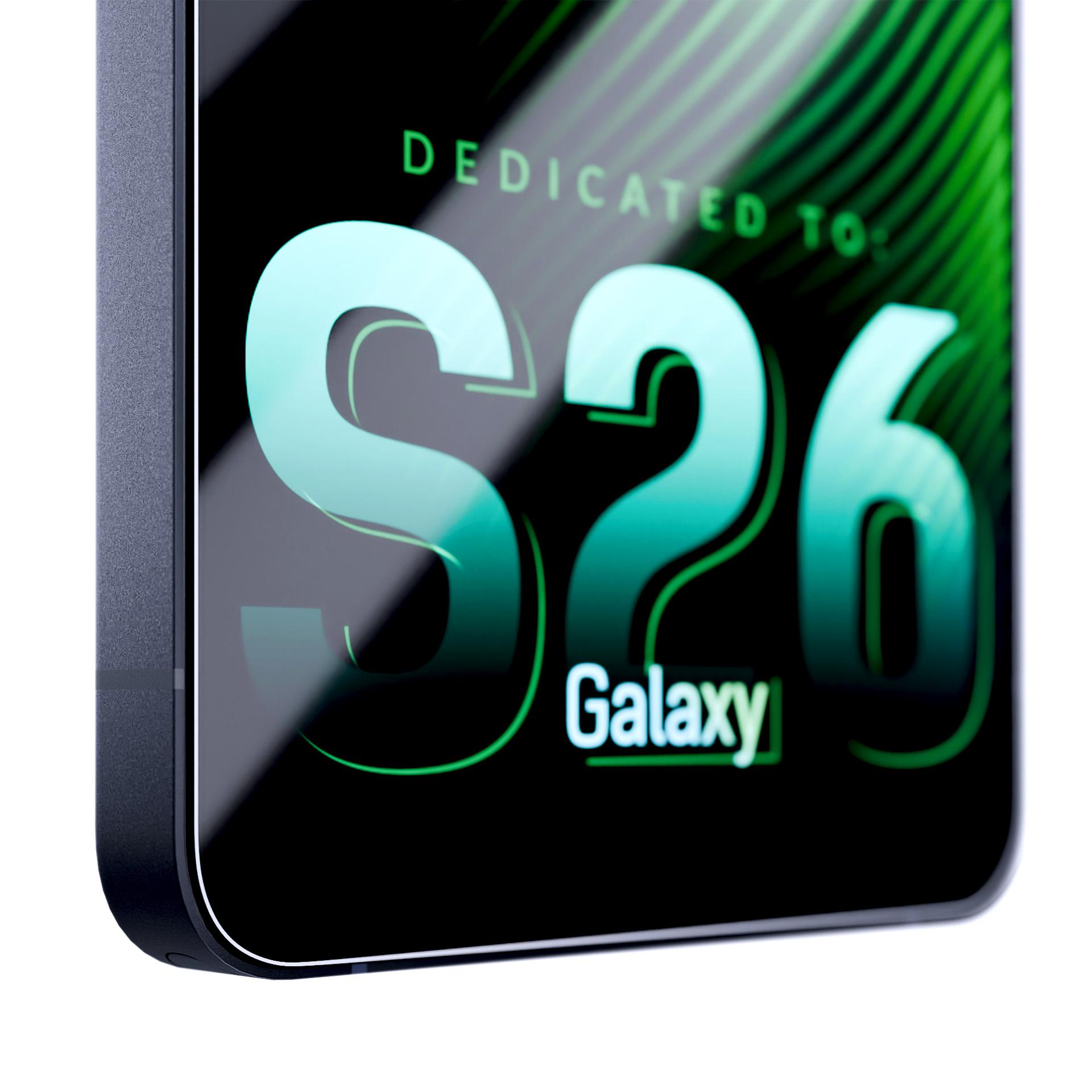 Primo piano del logo S26 Galaxy su nero con striature verdi.