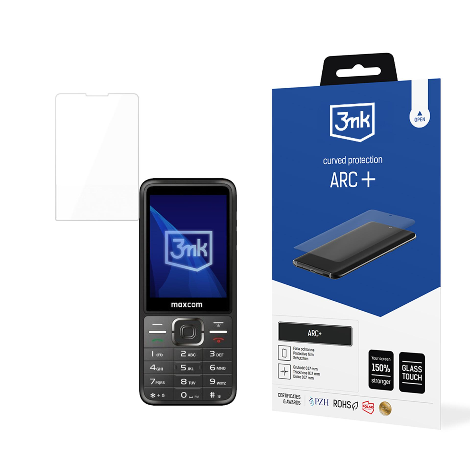 Un telefono Maxcom e una confezione di pellicola protettiva 3mk.