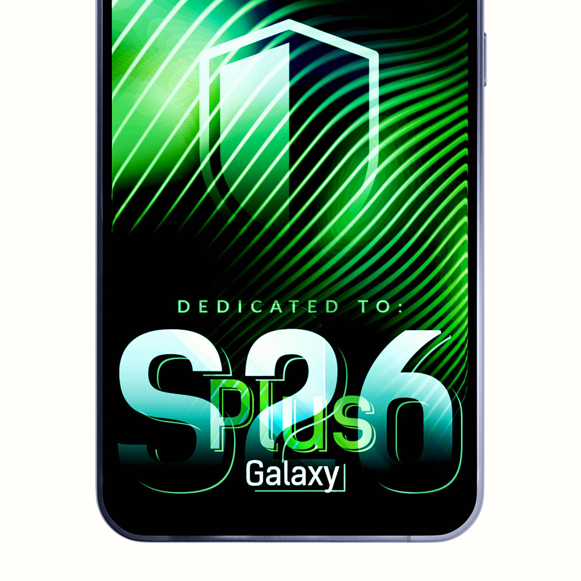 Uno smartphone con "S26 Plus Galaxy" su sfondo astratto verde.