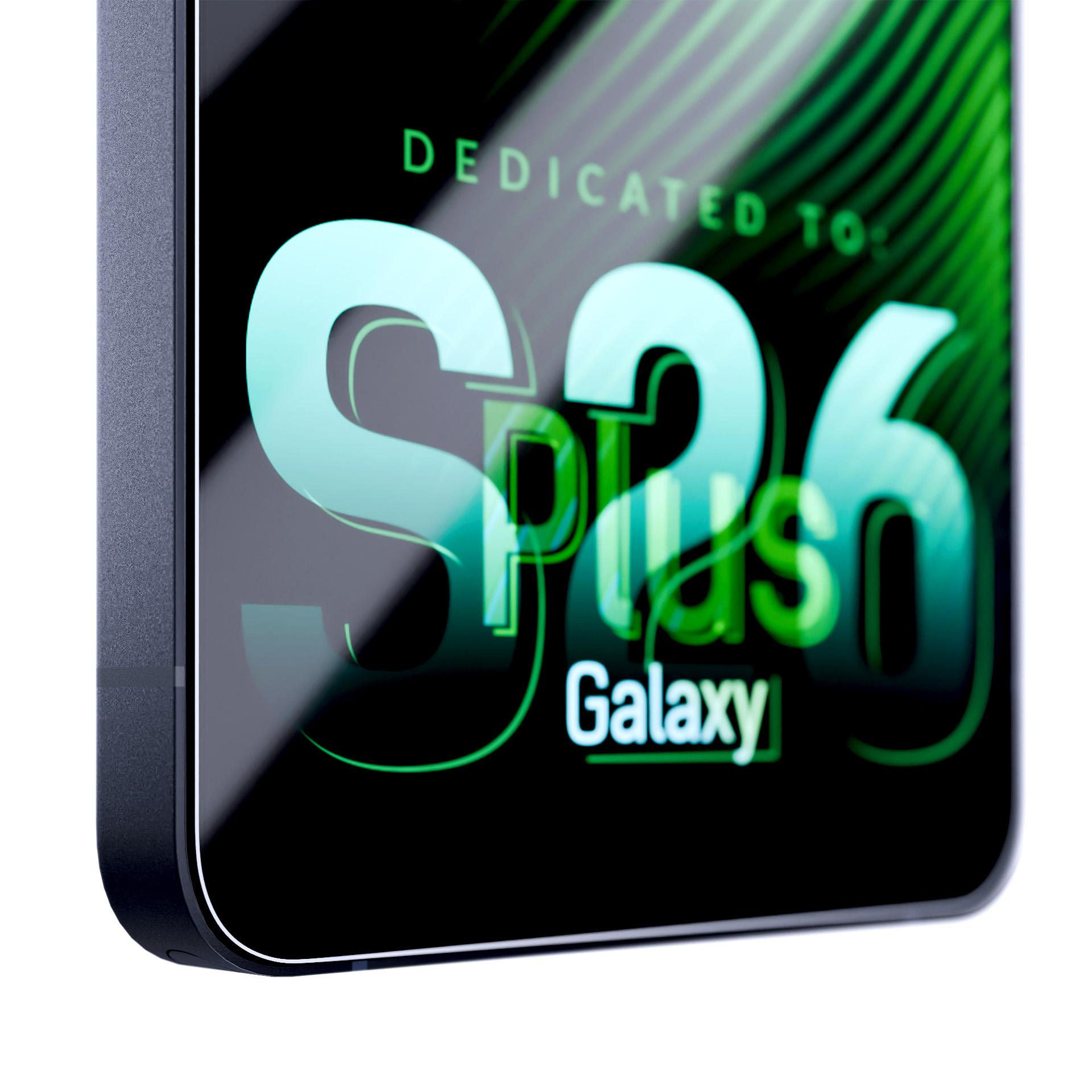 Uno smartphone con testo S26 Galaxy e accenti verdi.