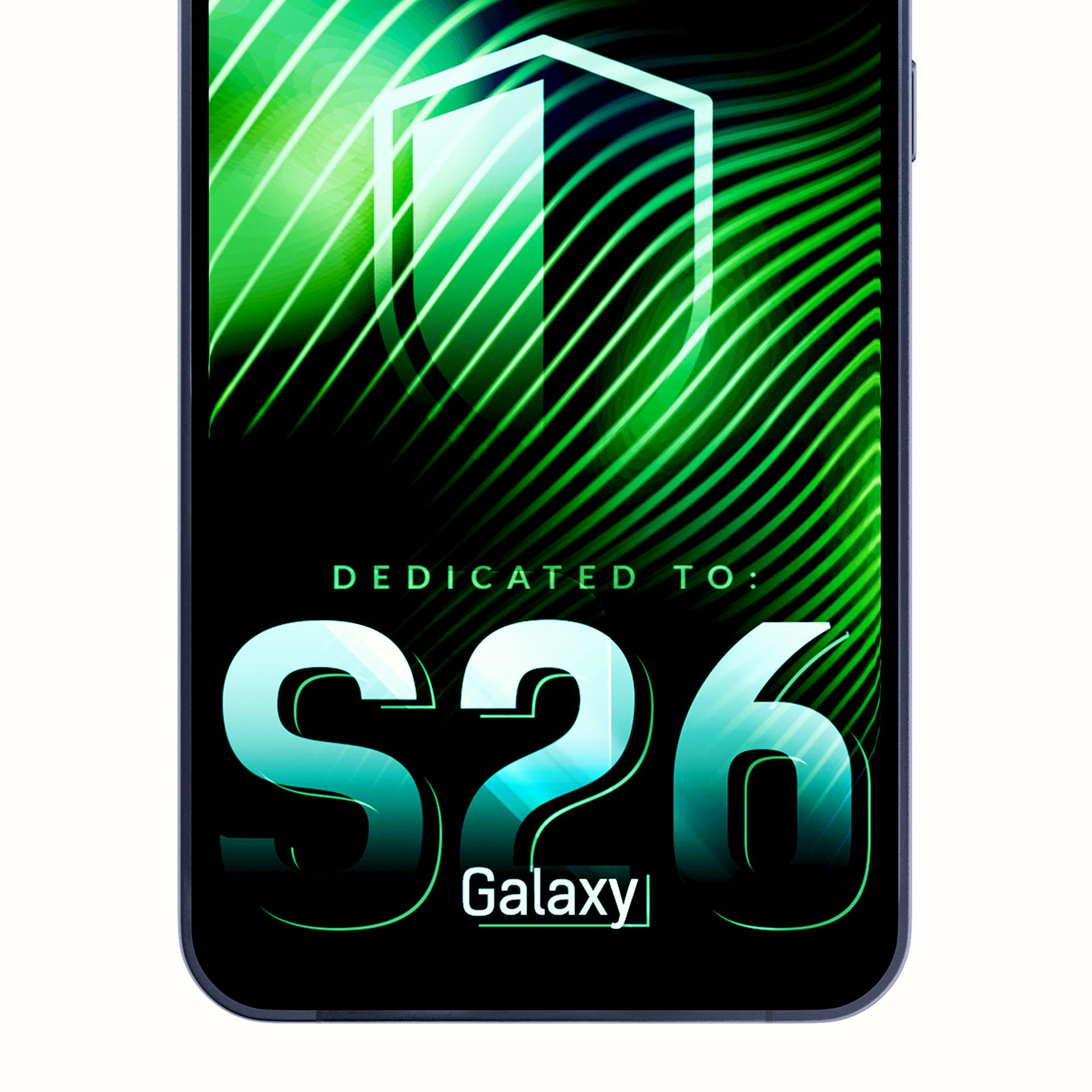 Uno smartphone con "S26 Galaxy" su sfondo verde ondulato.