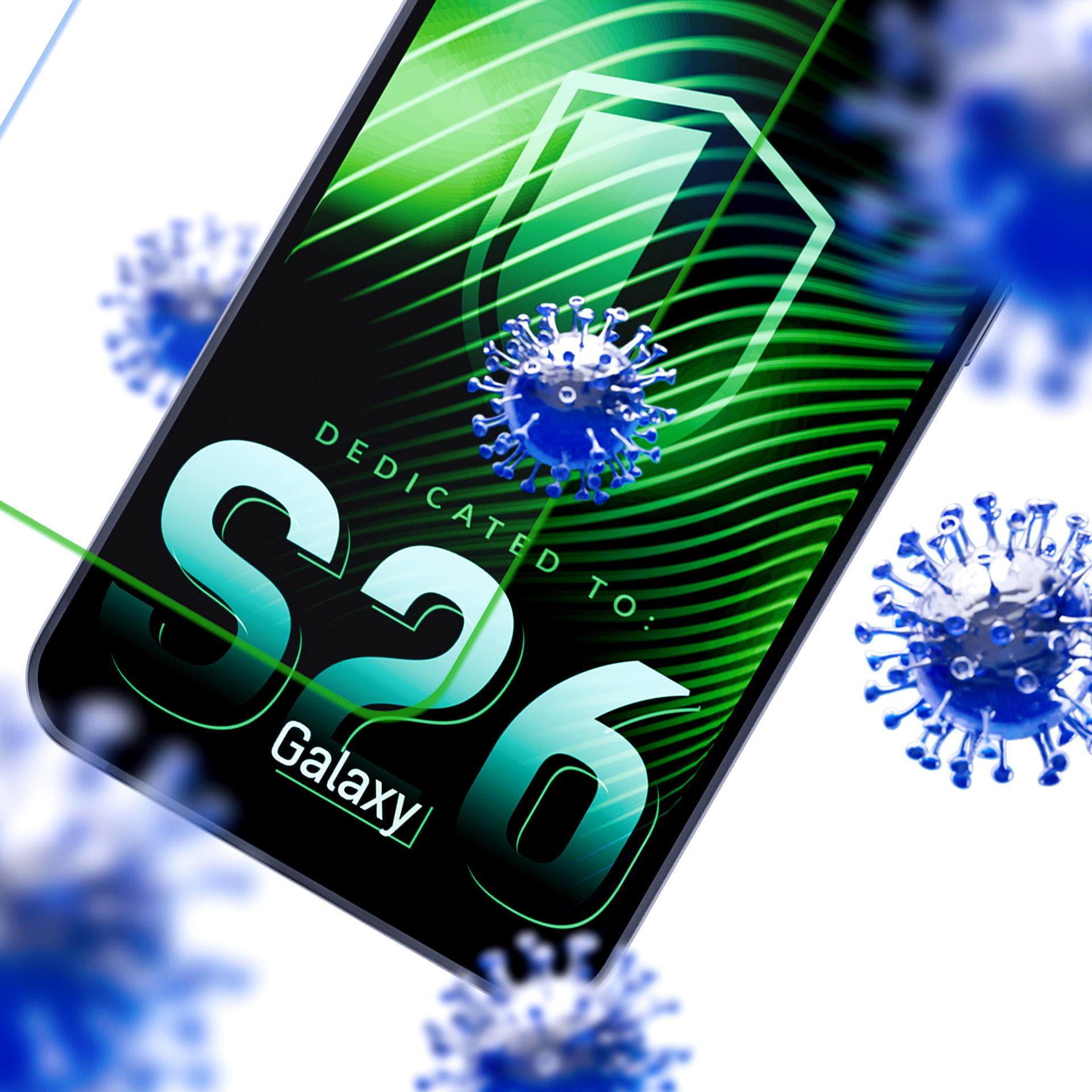 Uno smartphone mostra S26 Galaxy con grafica virale. Onde verdi sullo sfondo.